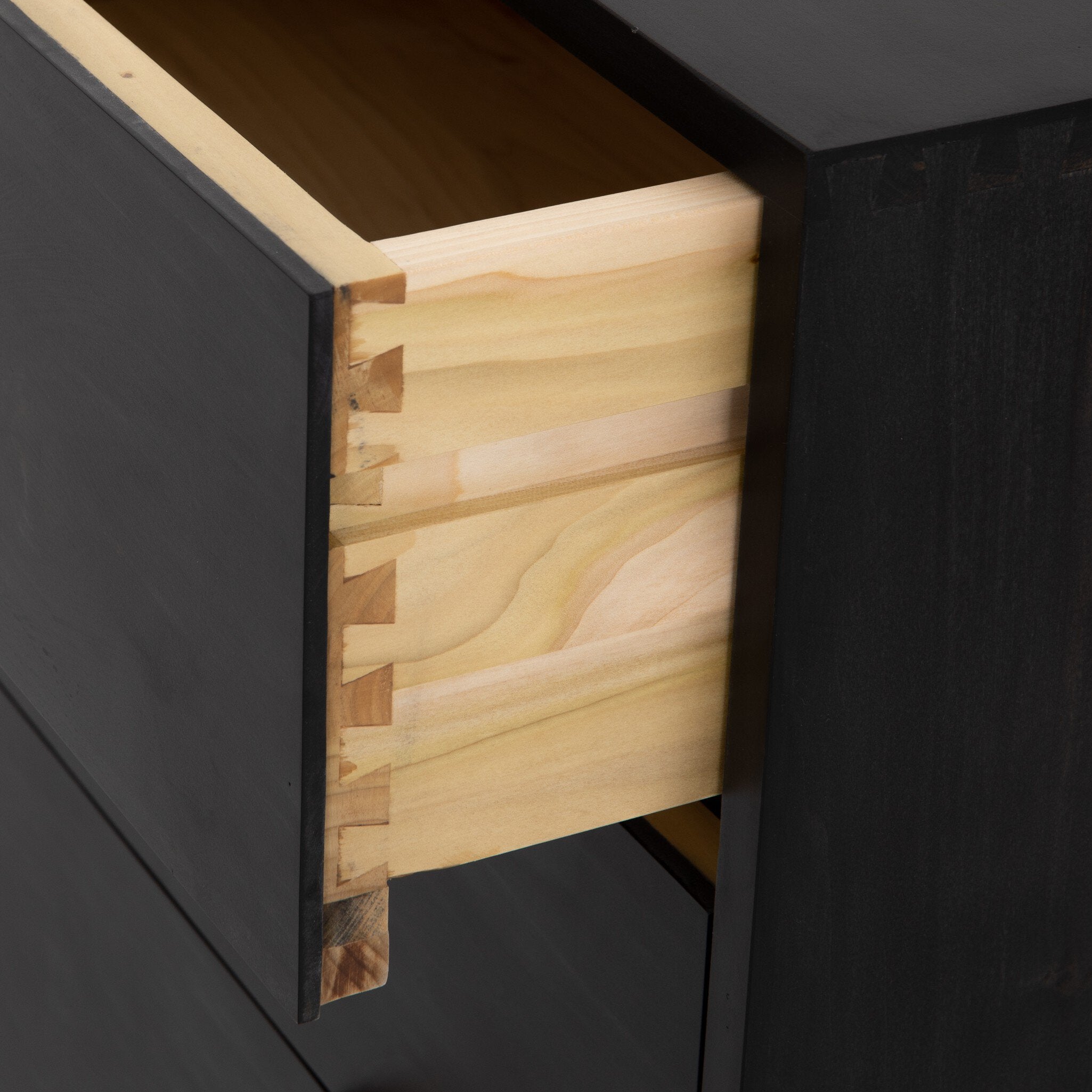 Four Hands Trey 7 Drawer Dresser — Black Wash Poplar-Natural Iron-Toffee Leather