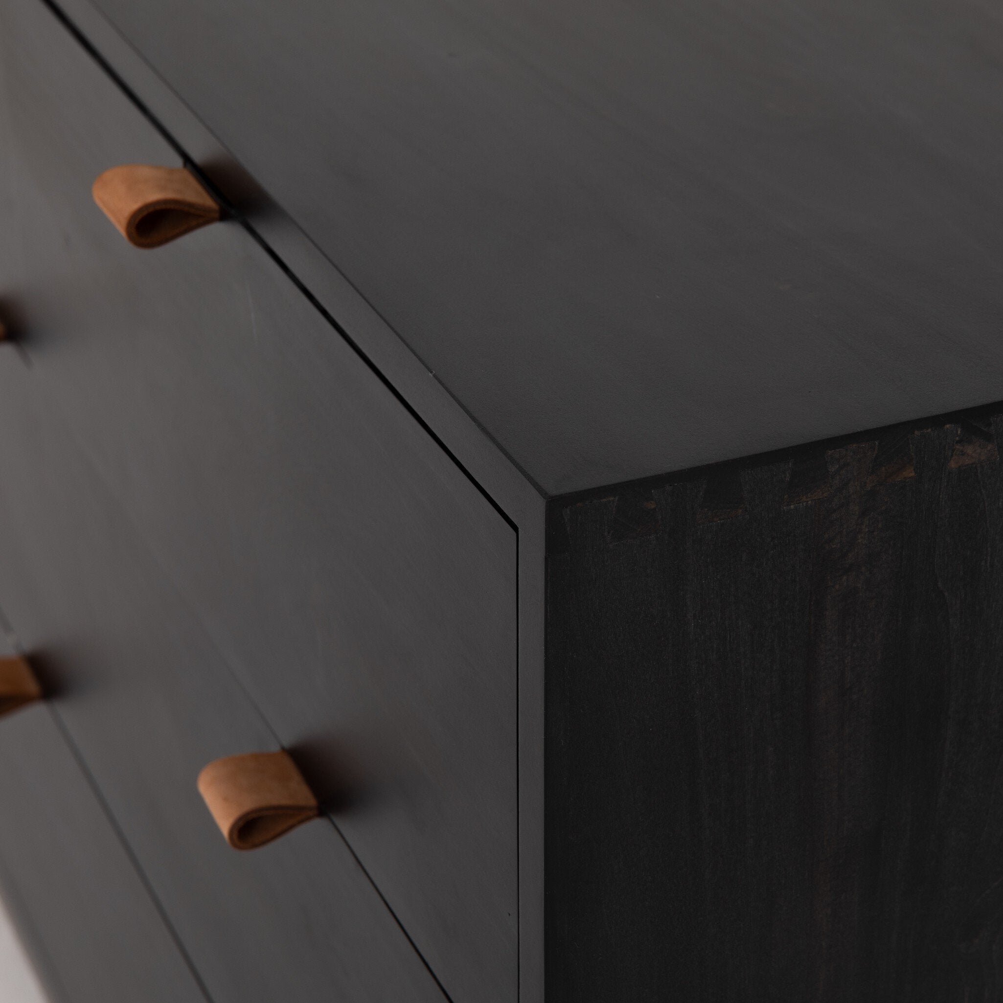 Four Hands Trey 7 Drawer Dresser — Black Wash Poplar-Natural Iron-Toffee Leather