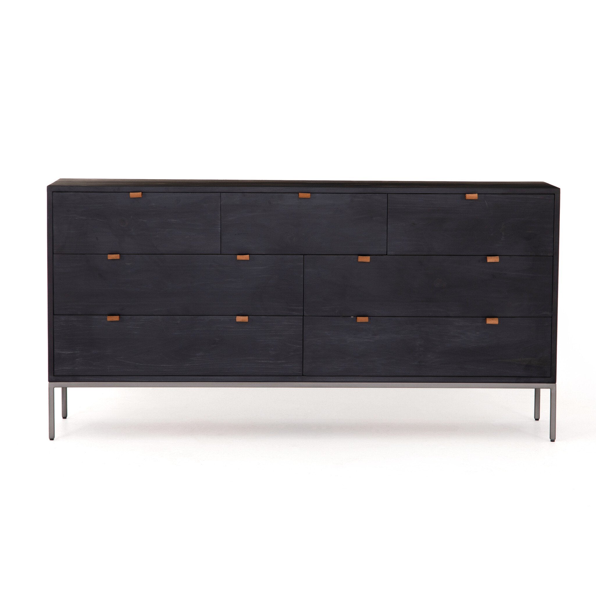 Four Hands Trey 7 Drawer Dresser — Black Wash Poplar-Natural Iron-Toffee Leather
