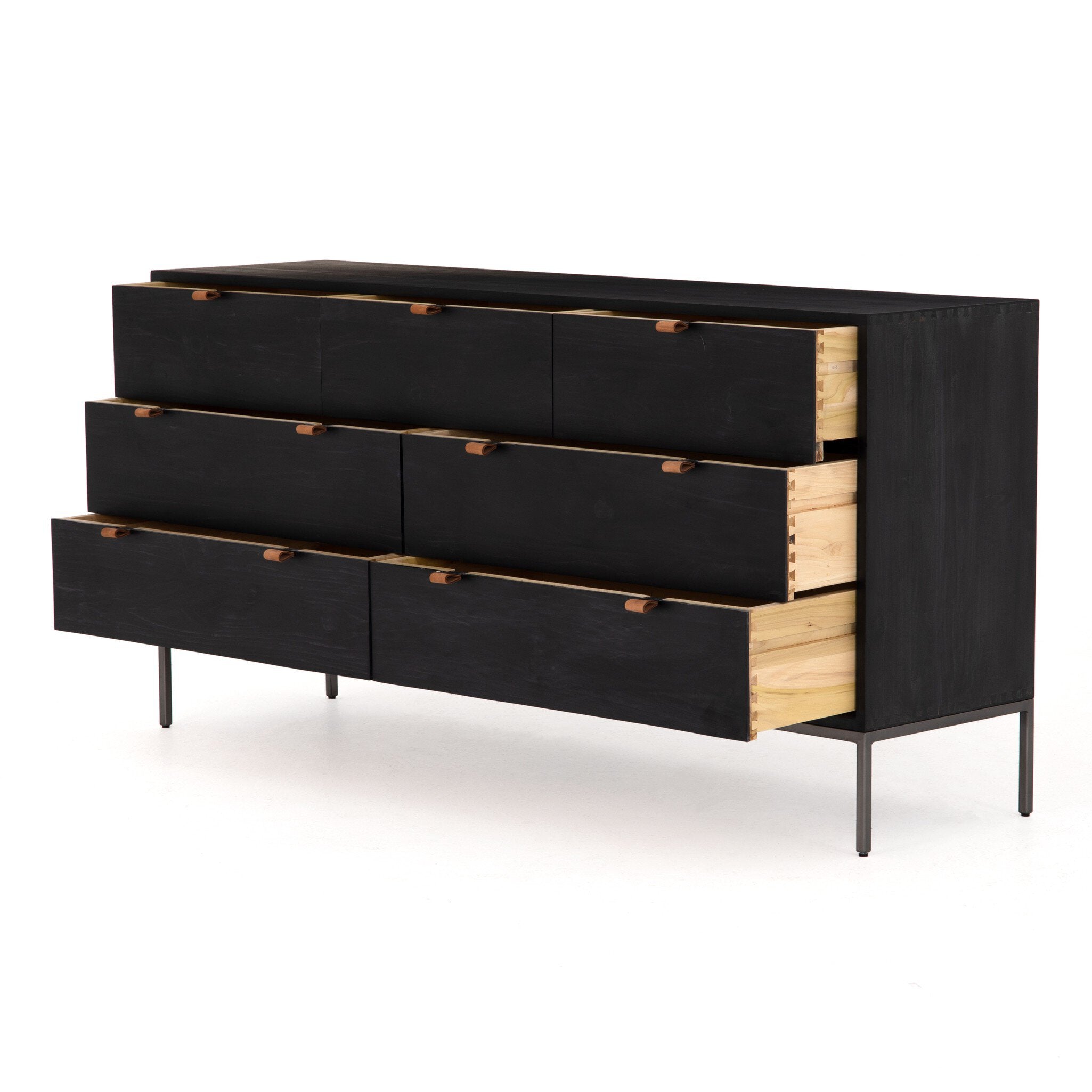 Four Hands Trey 7 Drawer Dresser — Black Wash Poplar-Natural Iron-Toffee Leather