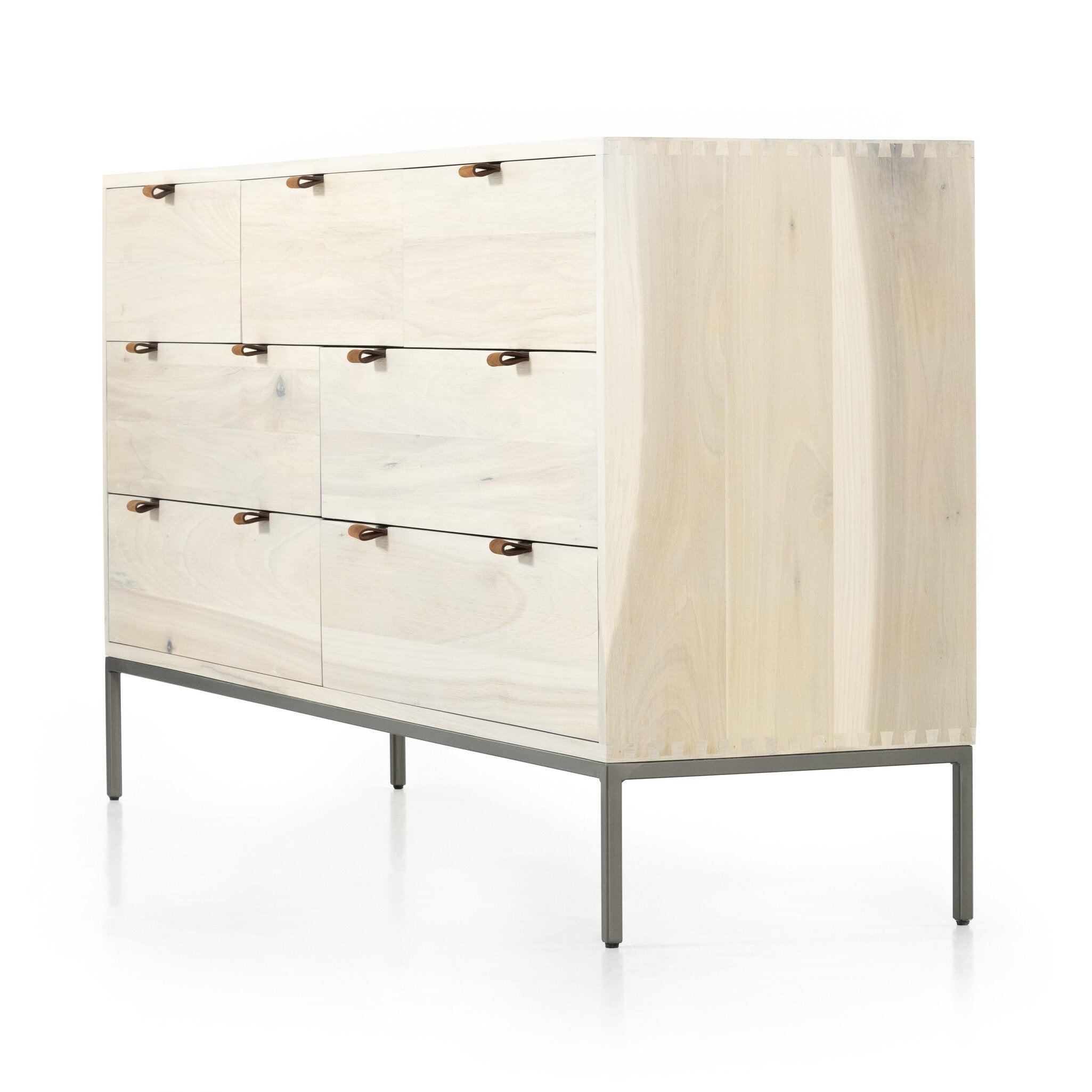 Four Hands Trey 7 Drawer Dresser — Dove Poplar-Natural Iron-Toffee Leather