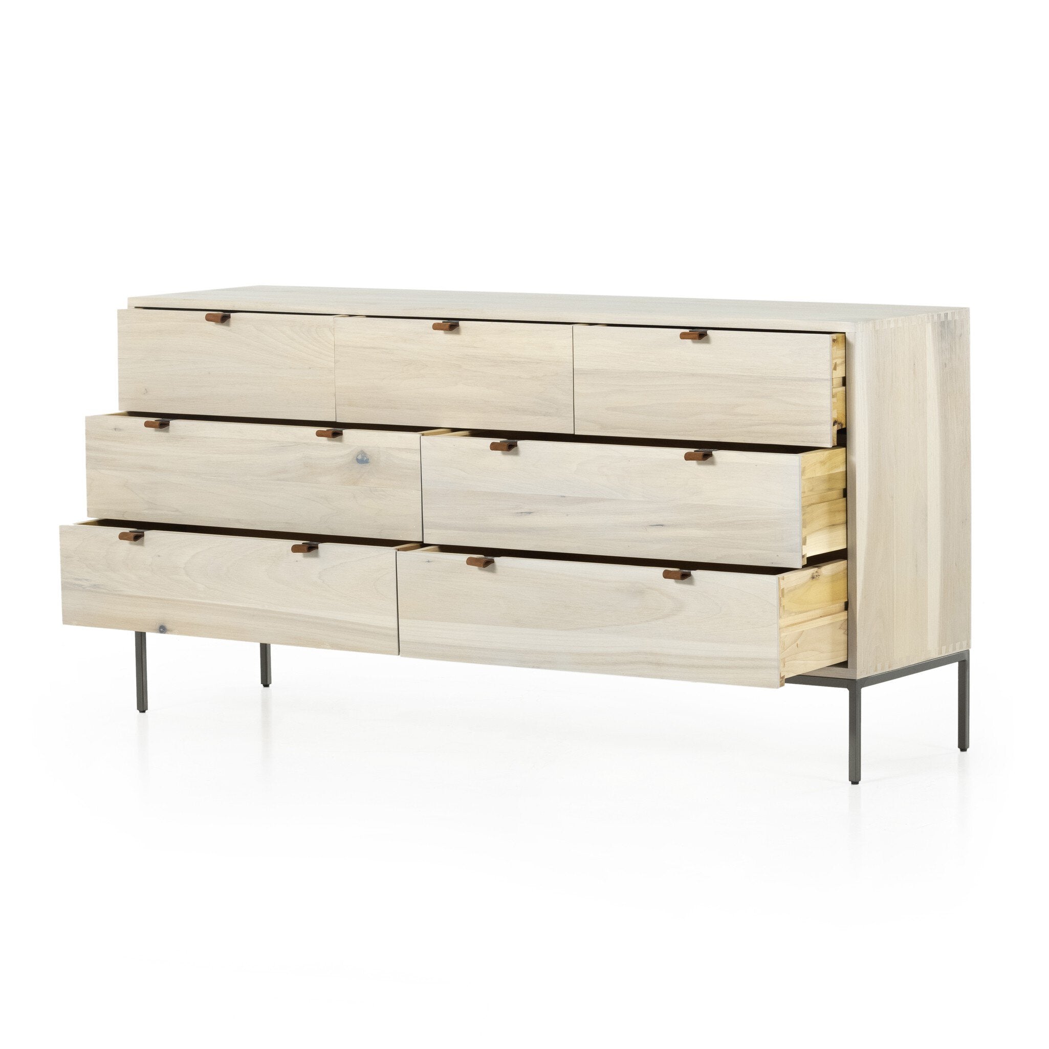 Four Hands Trey 7 Drawer Dresser — Dove Poplar-Natural Iron-Toffee Leather