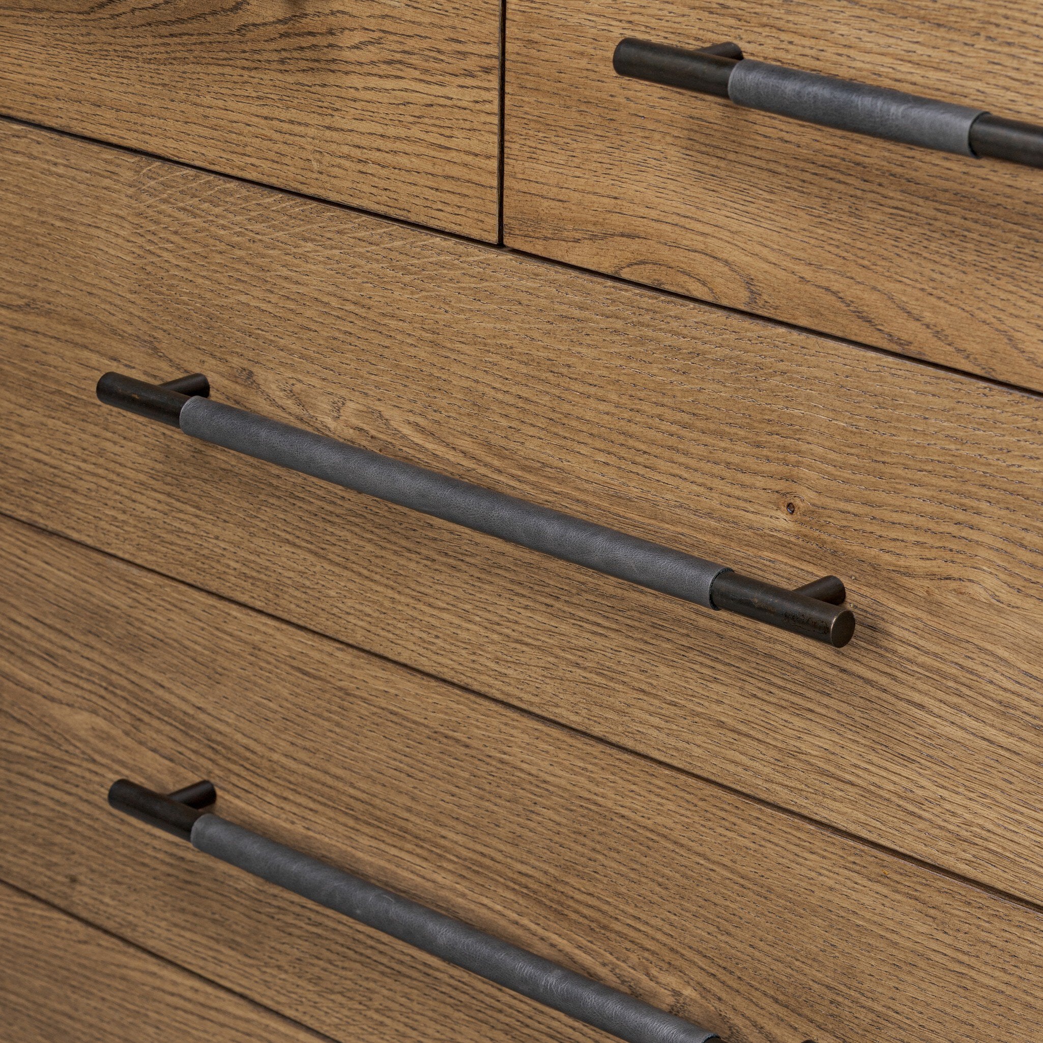 Four Hands Rosedale 6 Drawer Tall Dresser — Amber Oak-Chaps Ebony-Burnished Bronze