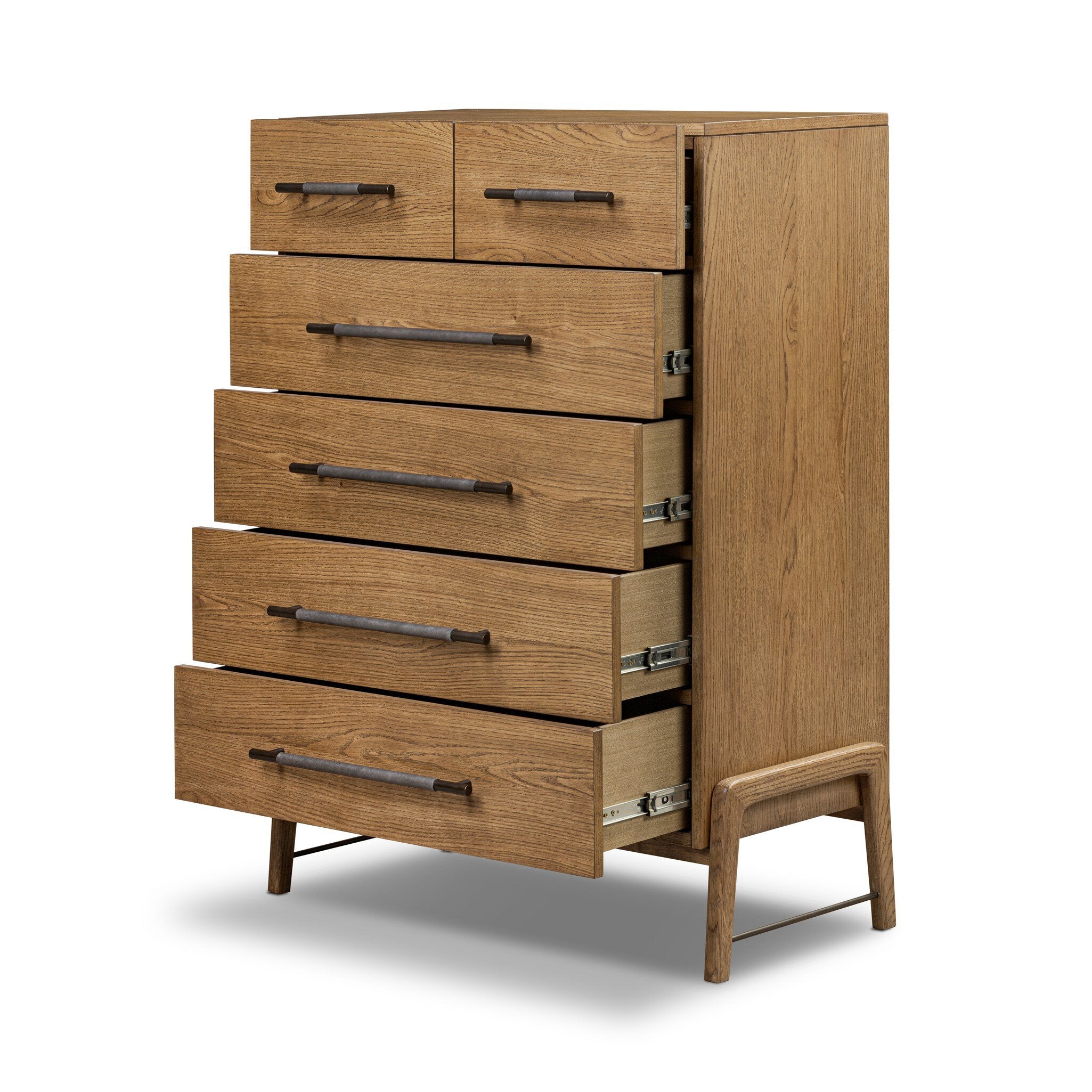 Four Hands Rosedale 6 Drawer Tall Dresser — Amber Oak-Chaps Ebony-Burnished Bronze