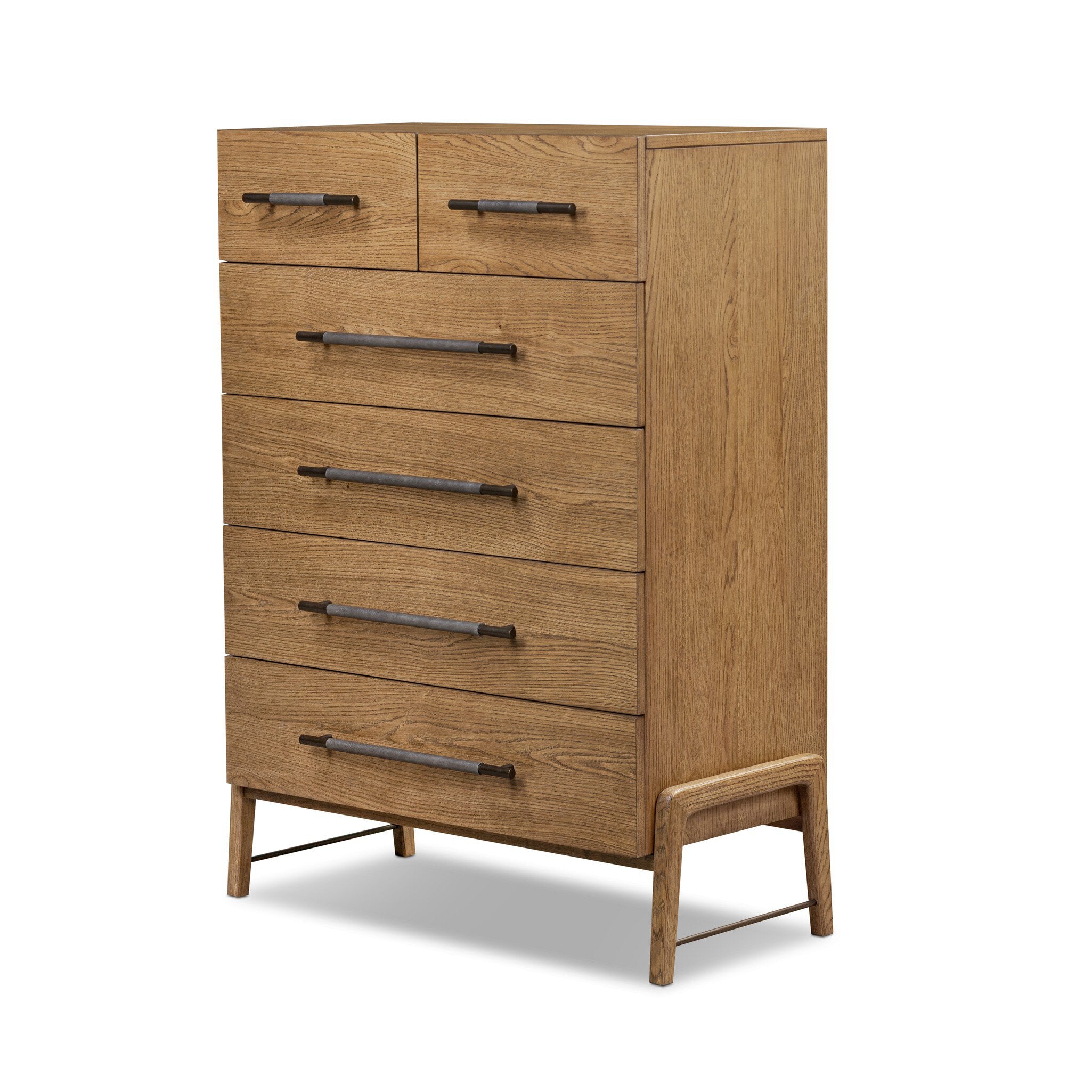 Four Hands Rosedale 6 Drawer Tall Dresser — Amber Oak-Chaps Ebony-Burnished Bronze