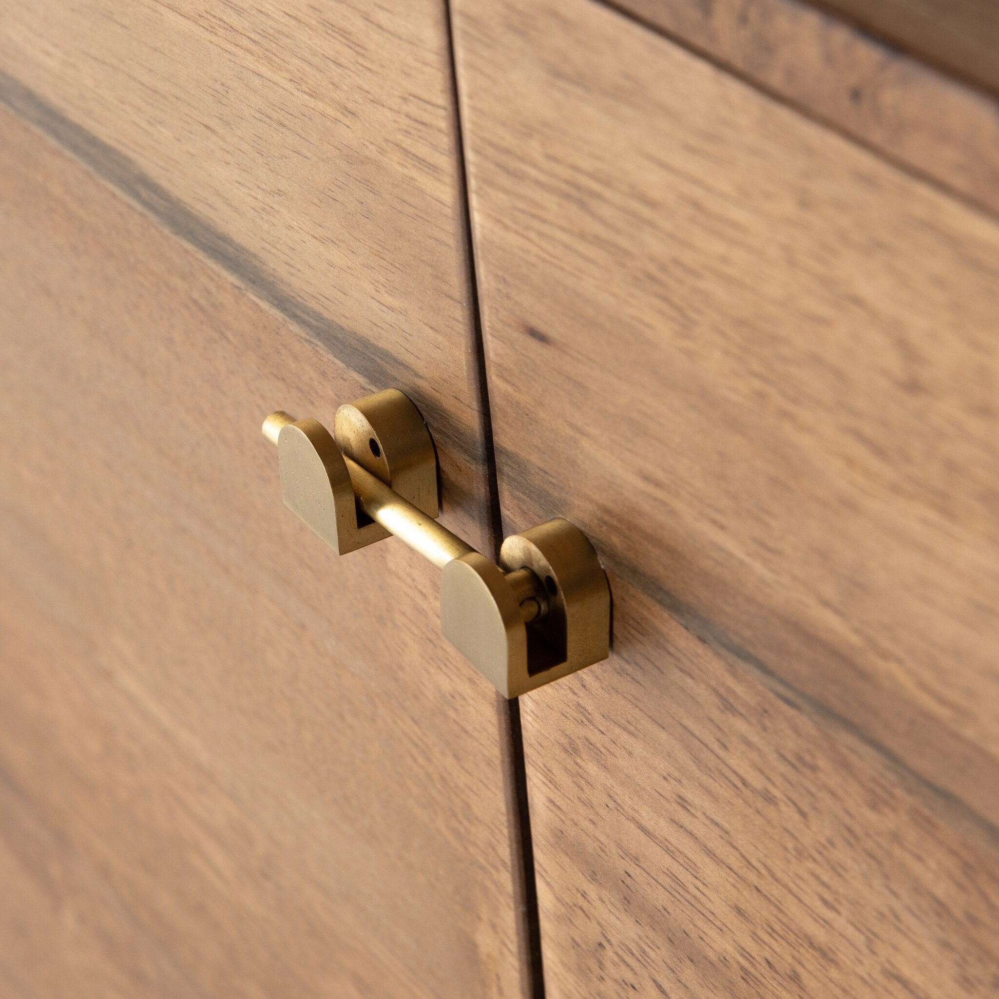Four Hands Reza Media Console — Smoked Honey-Toasted Acacia-Raw Brass