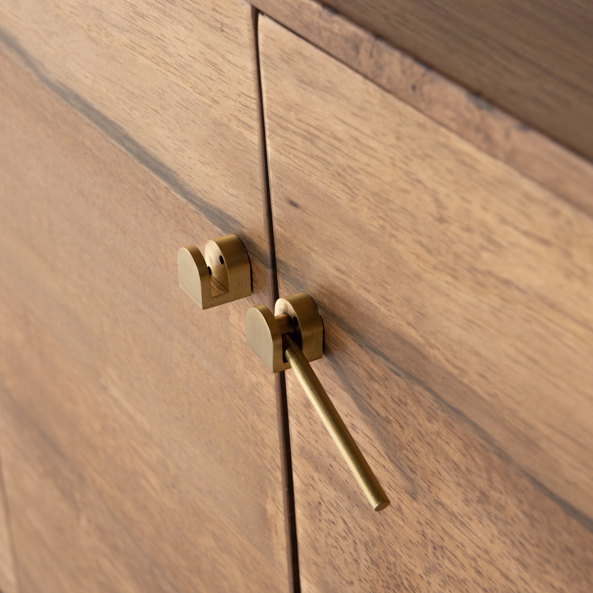 Four Hands Reza Media Console — Smoked Honey-Toasted Acacia-Raw Brass