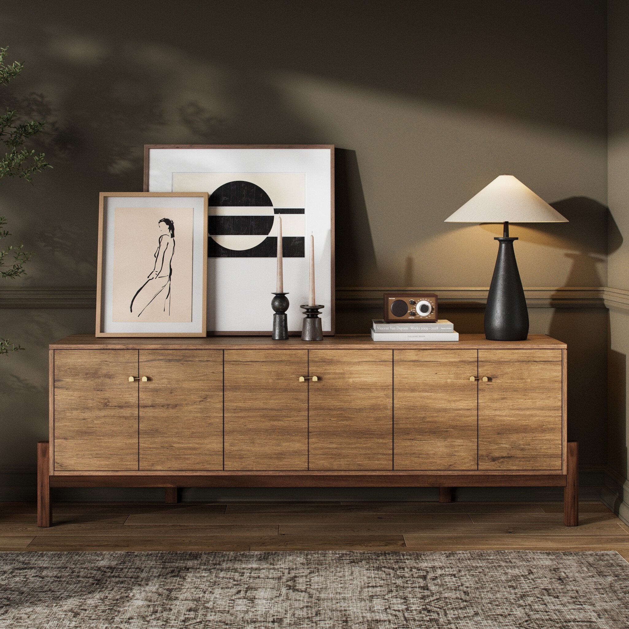 Four Hands Reza Media Console — Smoked Honey-Toasted Acacia-Raw Brass