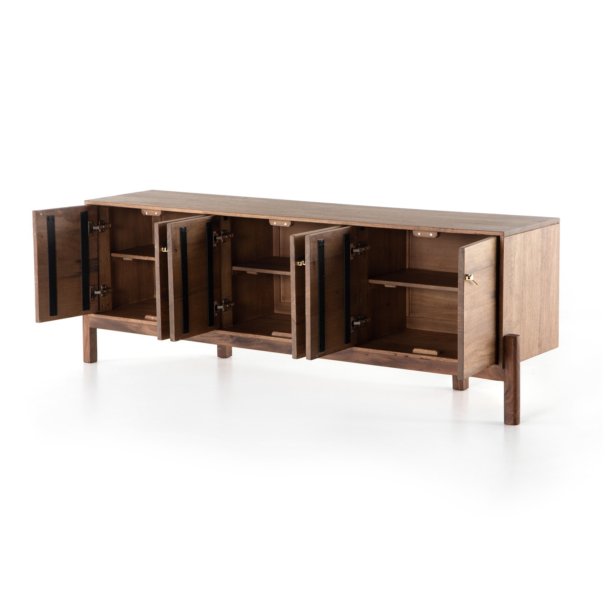 Four Hands Reza Media Console — Smoked Honey-Toasted Acacia-Raw Brass