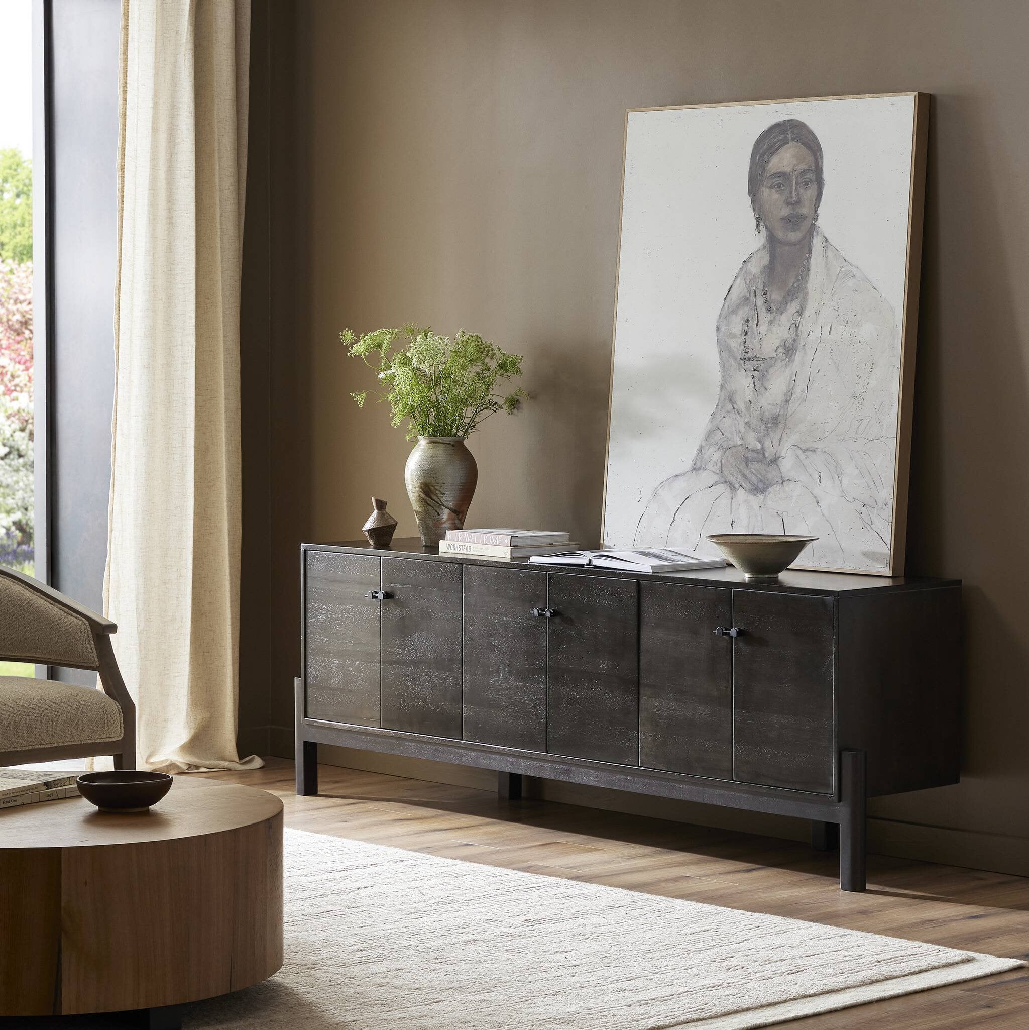 Four Hands Reza Media Console — Worn Black Parawood-Gunmetal Black-Worn Black Acacia