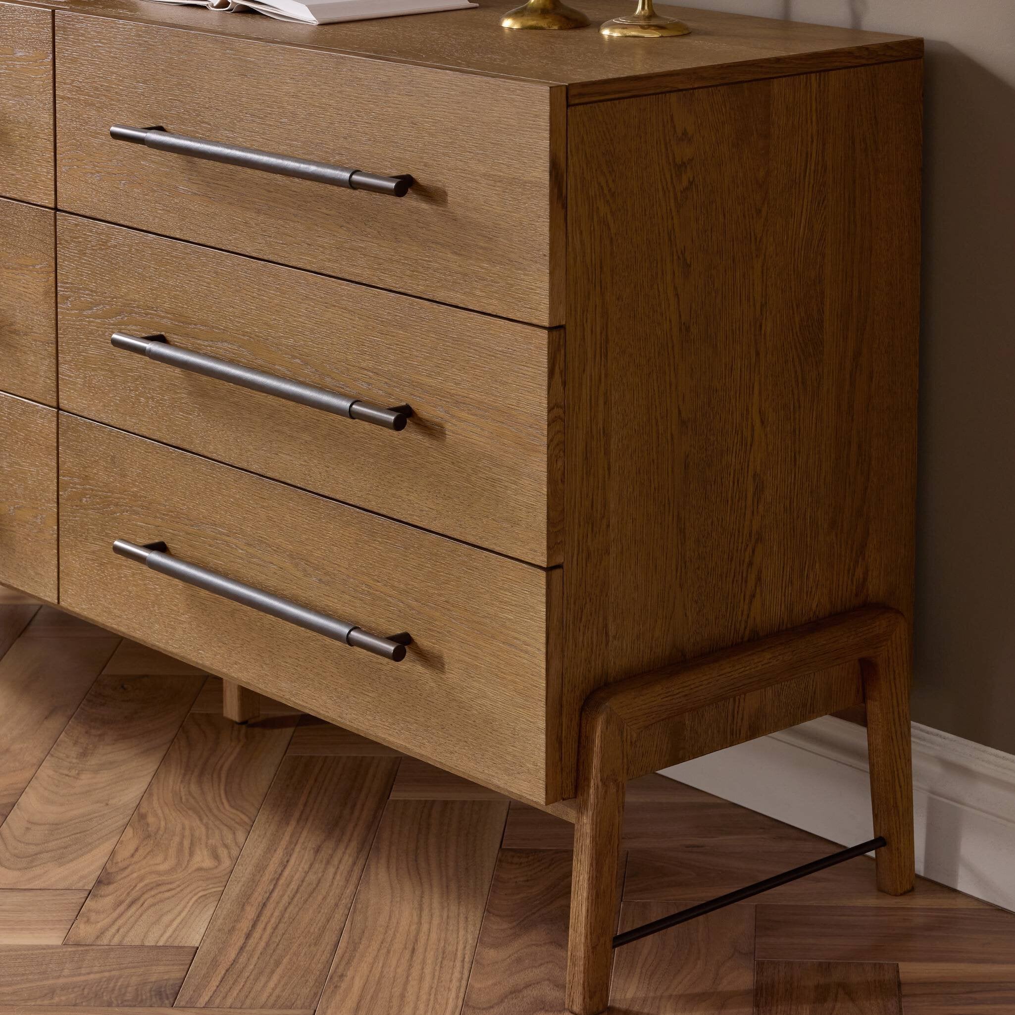 Four Hands Rosedale 6 Drawer Dresser — Amber Oak-Chaps Ebony-Burnished Bronze
