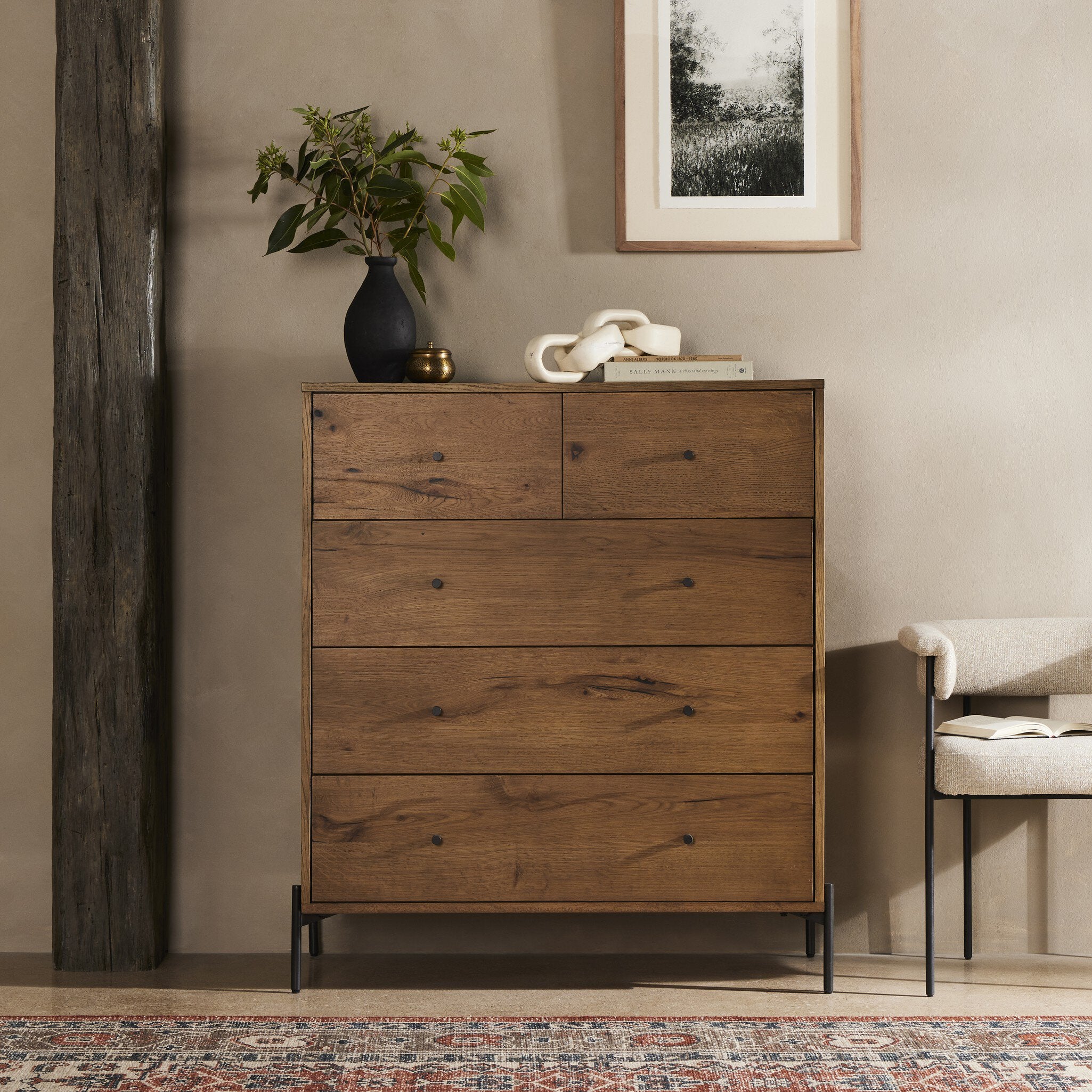 Four Hands Eaton 5 Drawer Dresser — Amber Oak Resin-Dark Gunmetal