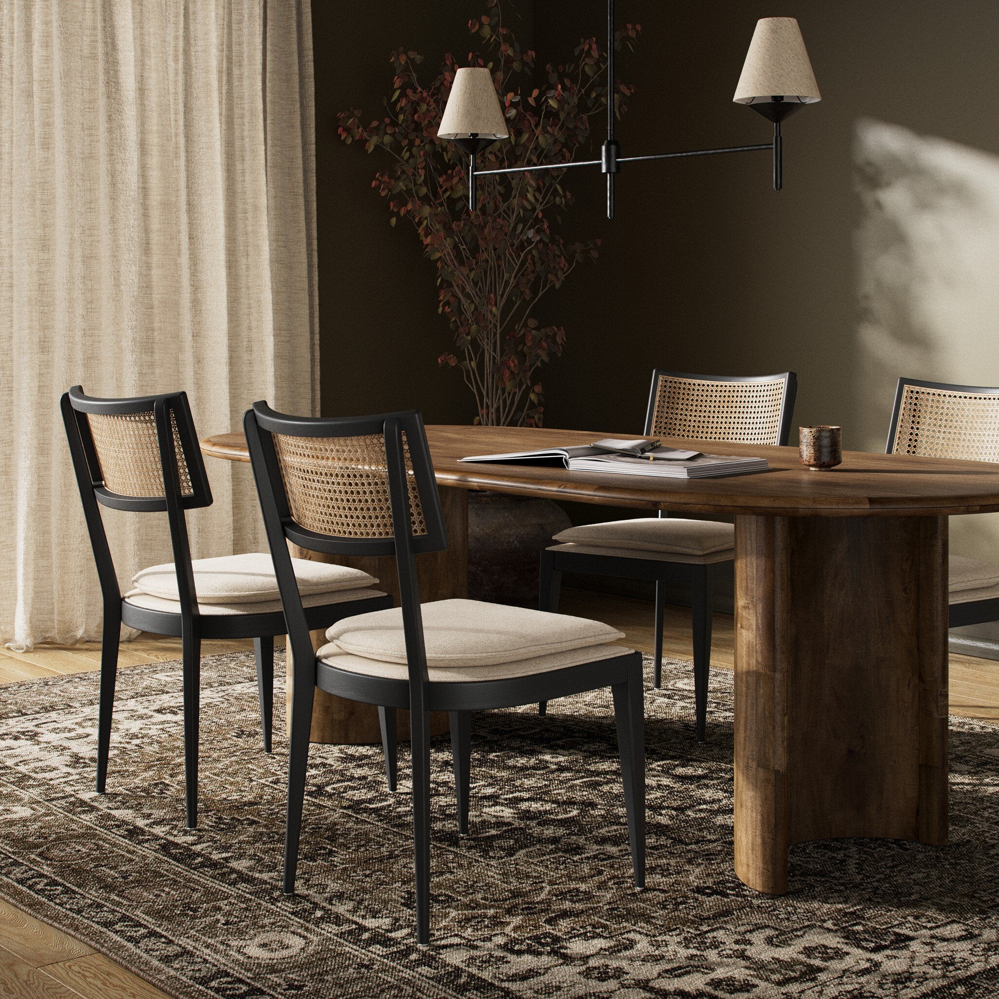 Four Hands Britt Dining Chair — Brushed Ebony-Savile Flax-Natural Cane