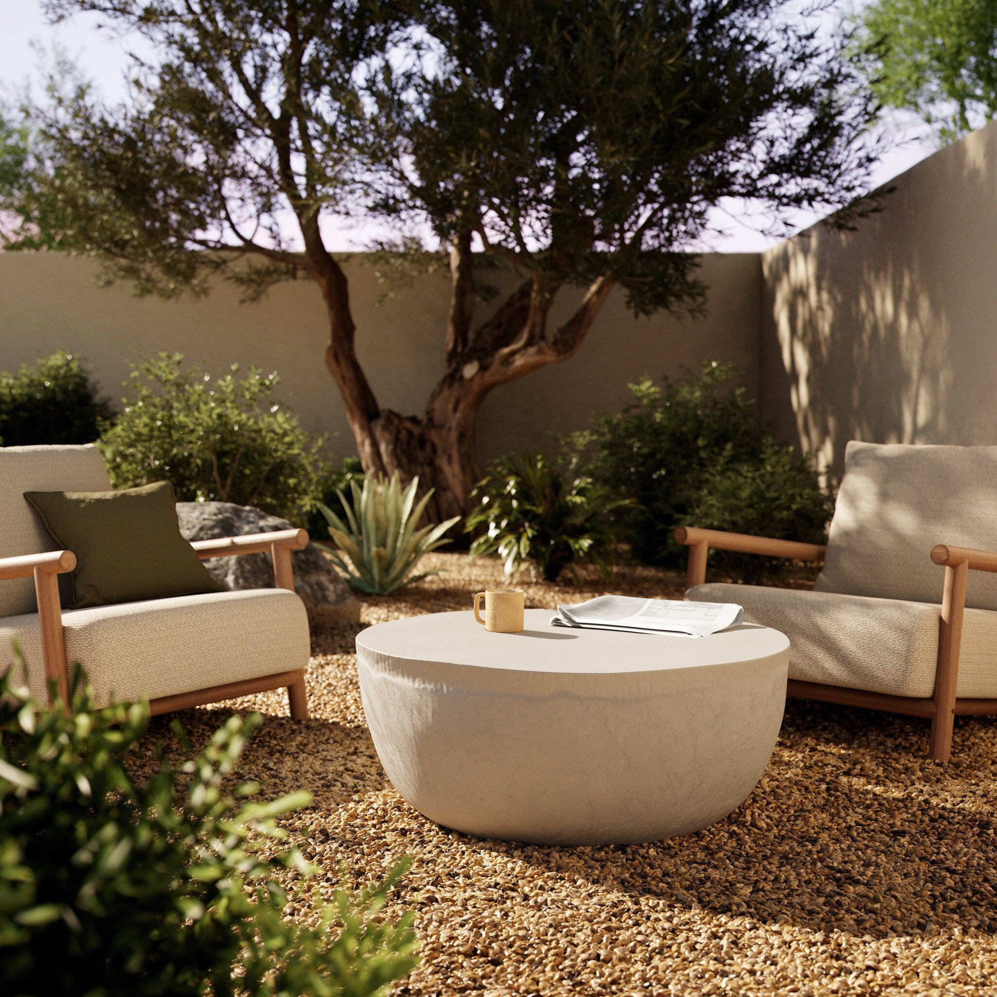 Four Hands Basil Outdoor Round Coffee Table — Matte White Cast Aluminum