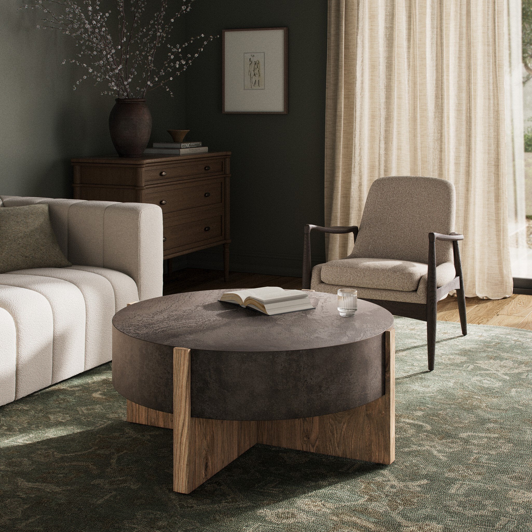 Four Hands Bingham Coffee Table — Distressed Iron-Rustic Oak Veneer