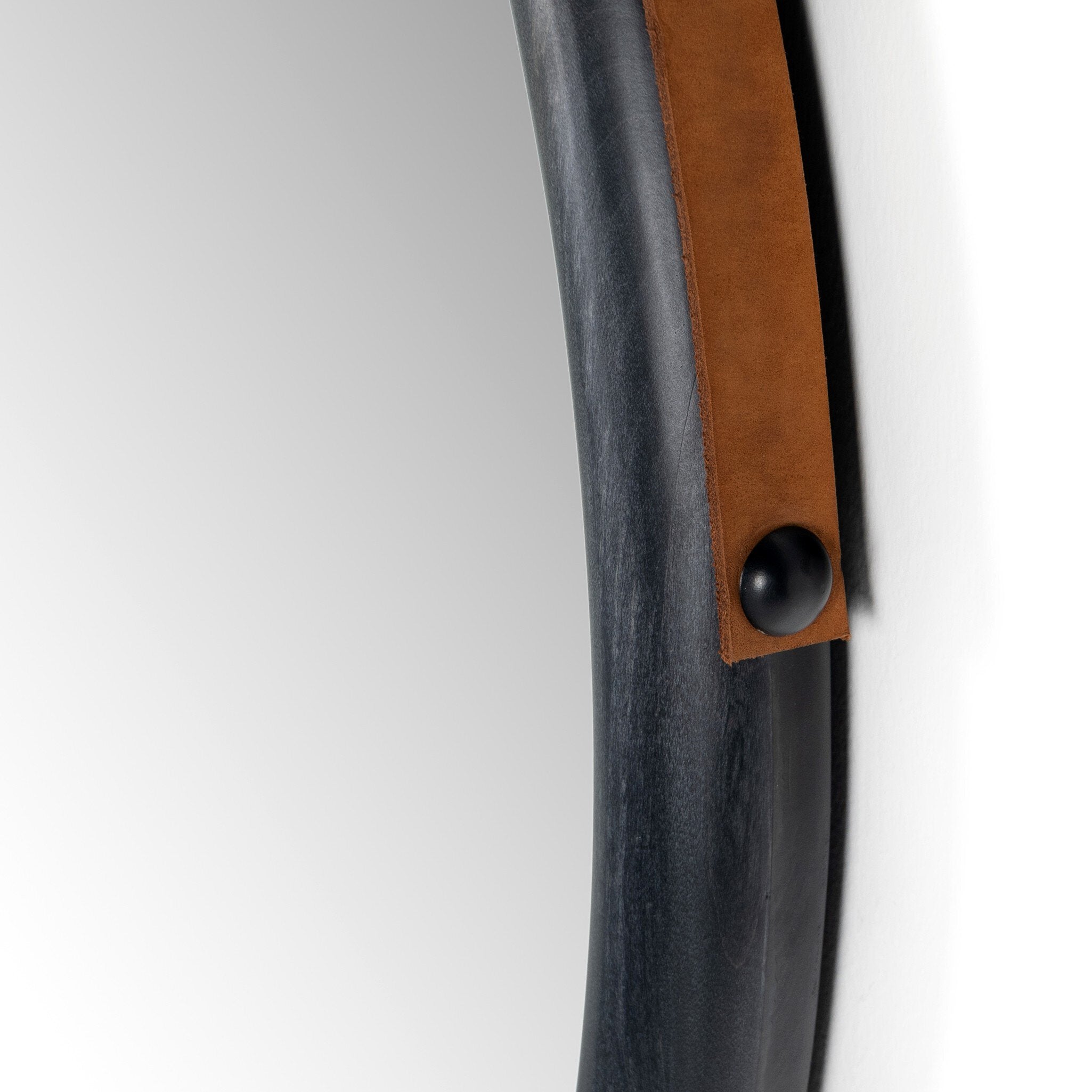 Four Hands Des Mirror — Black Wash Poplar-Toffee Leather-Black Steel