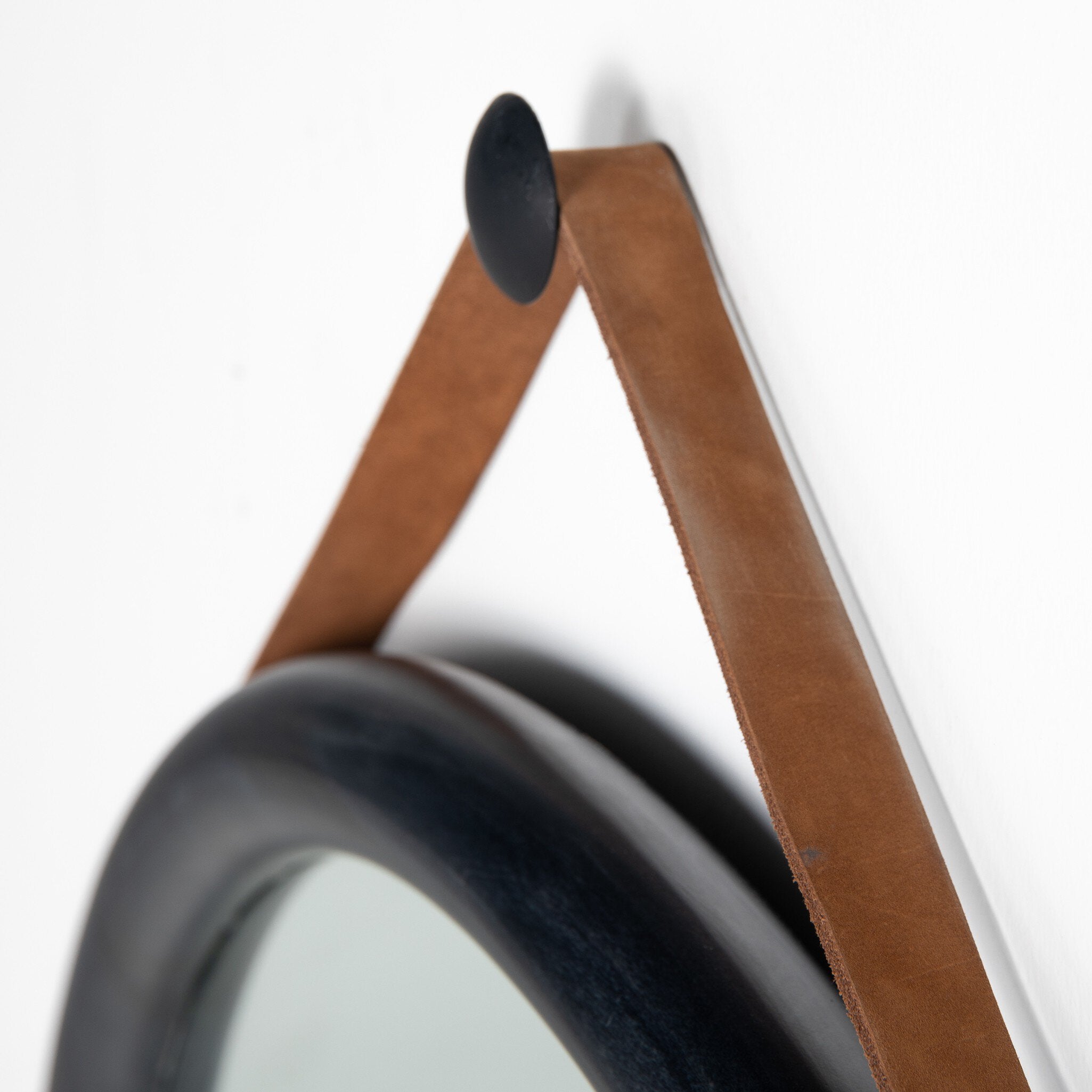 Four Hands Des Mirror — Black Wash Poplar-Toffee Leather-Black Steel