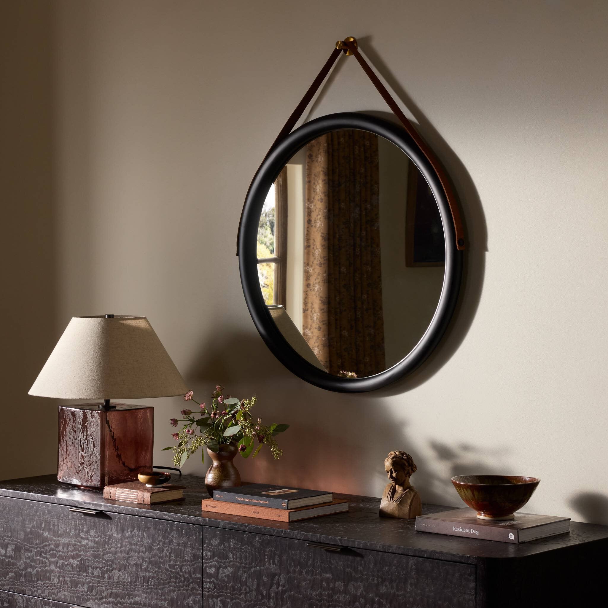 Four Hands Des Mirror — Black Wash Poplar-Toffee Leather-Black Steel
