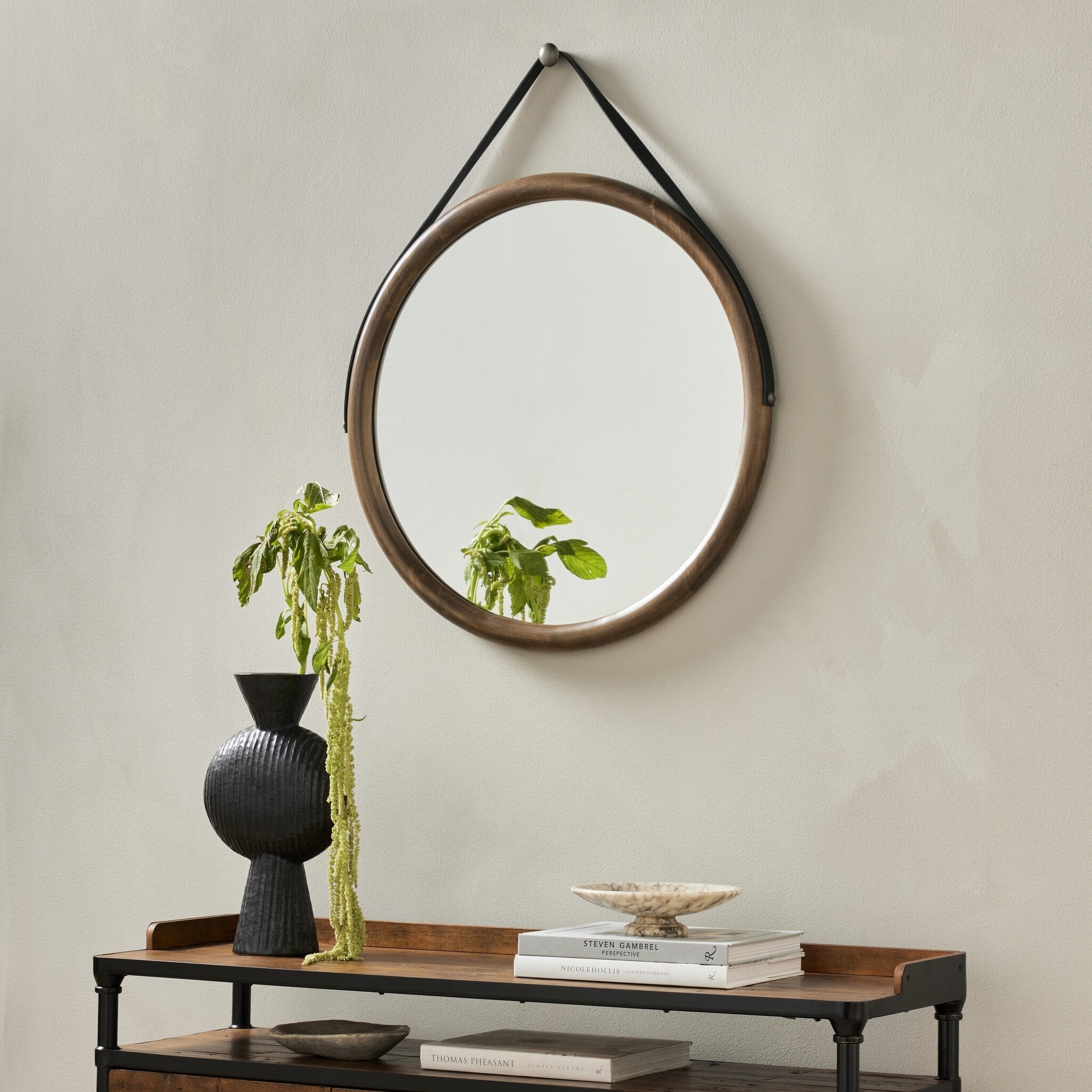 Four Hands Des Mirror — Auburn Poplar-Black Leather-Natural Iron