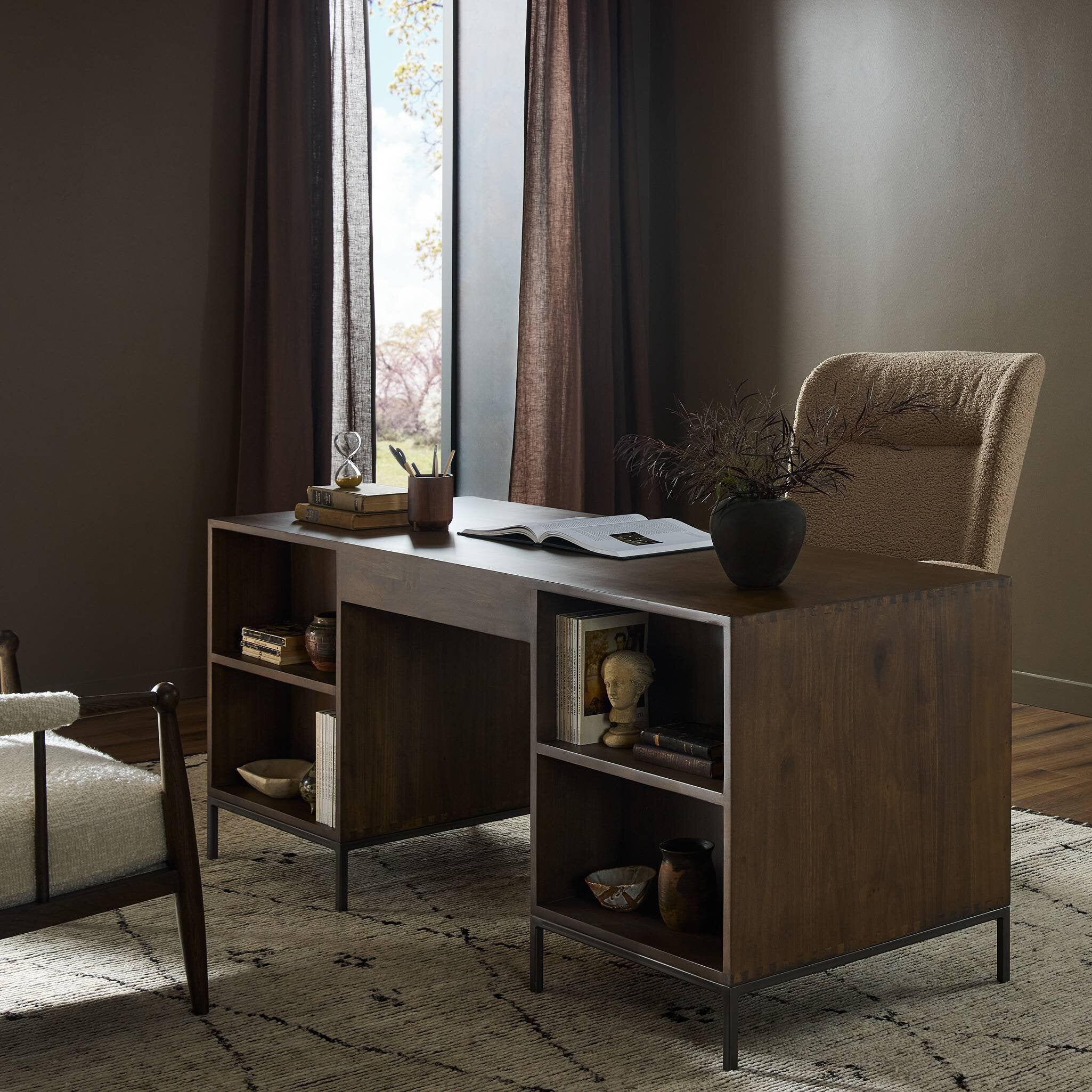 Four Hands Trey Executive Desk — Auburn Poplar-Natural Iron-Black Leather