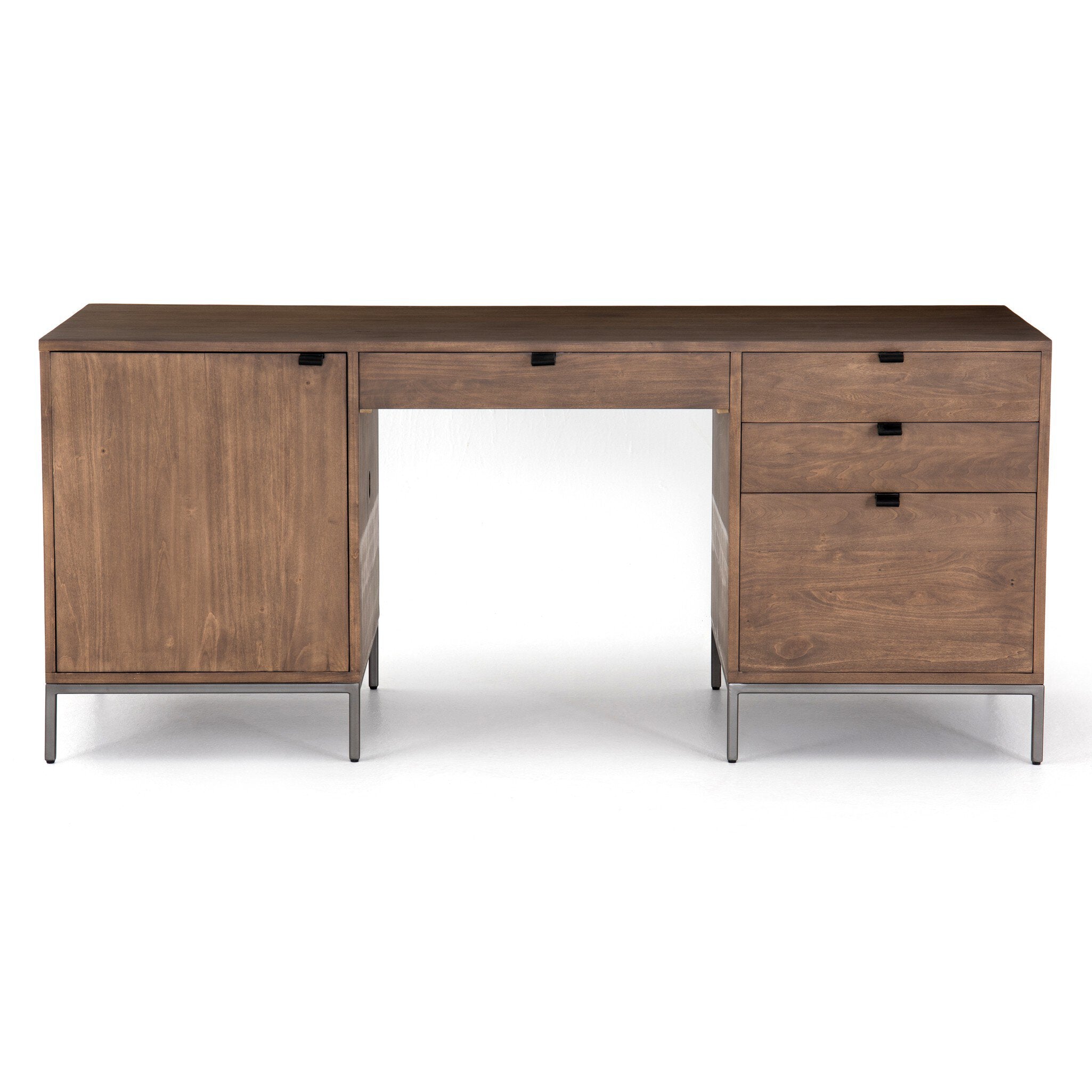 Four Hands Trey Executive Desk — Auburn Poplar-Natural Iron-Black Leather