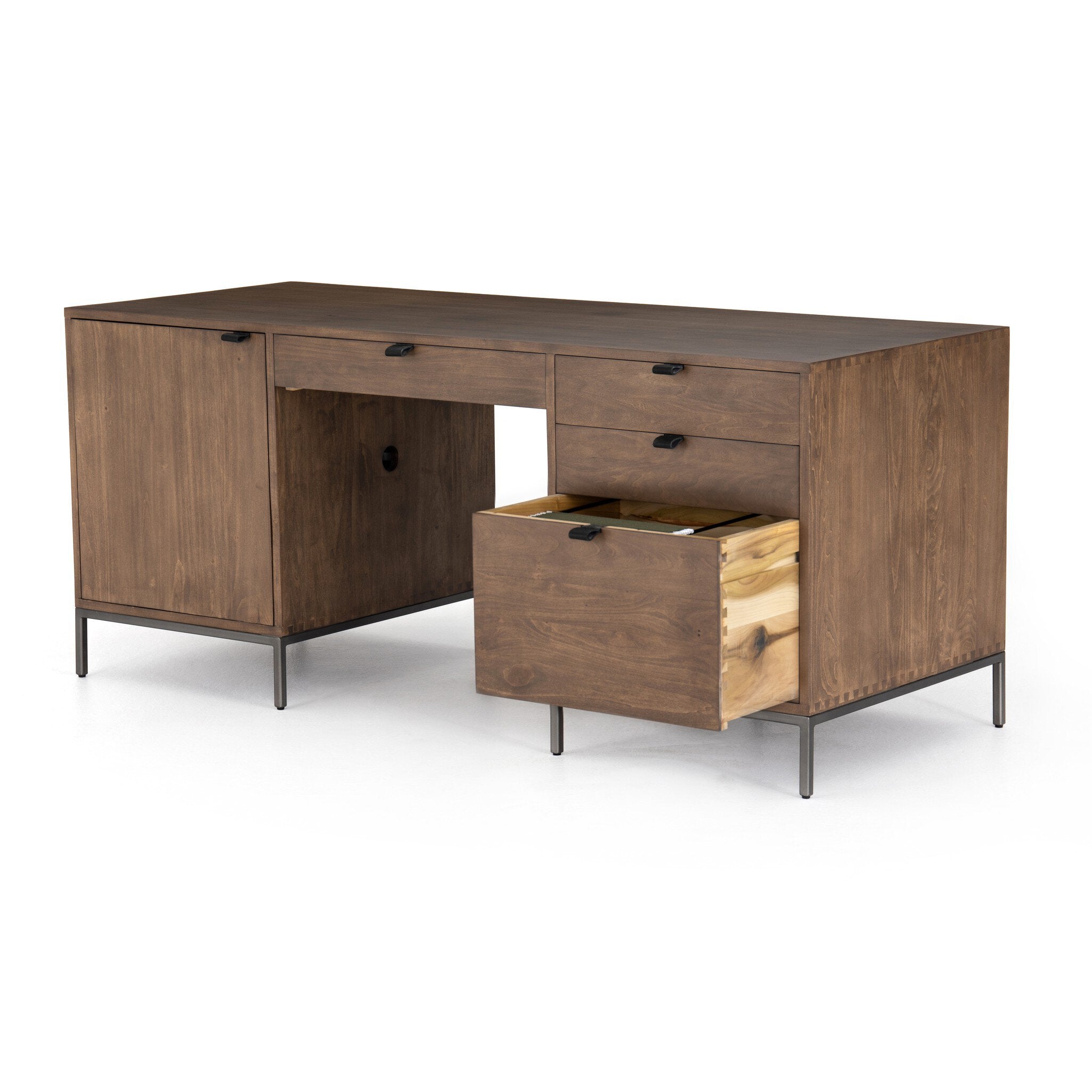 Four Hands Trey Executive Desk — Auburn Poplar-Natural Iron-Black Leather