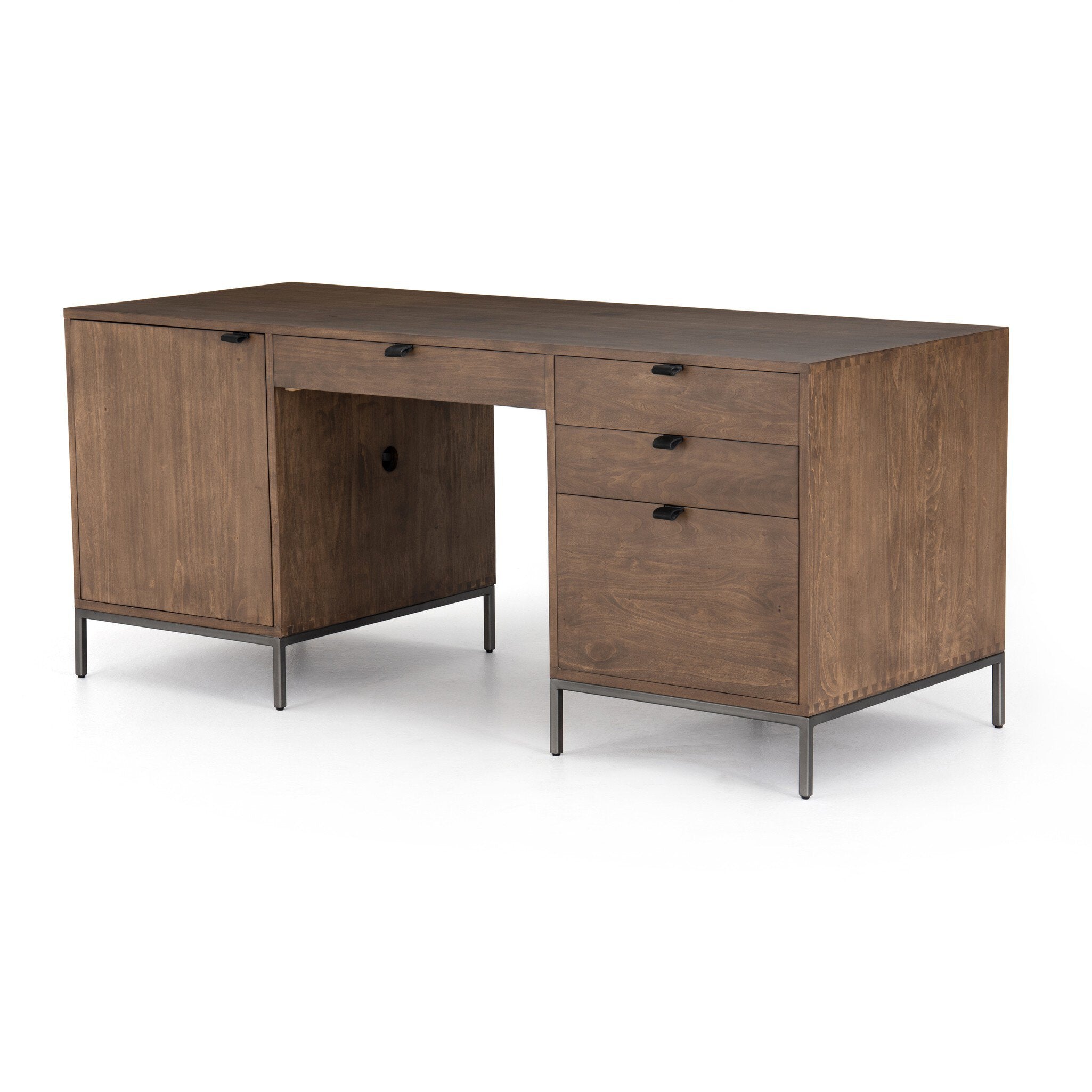 Four Hands Trey Executive Desk — Auburn Poplar-Natural Iron-Black Leather