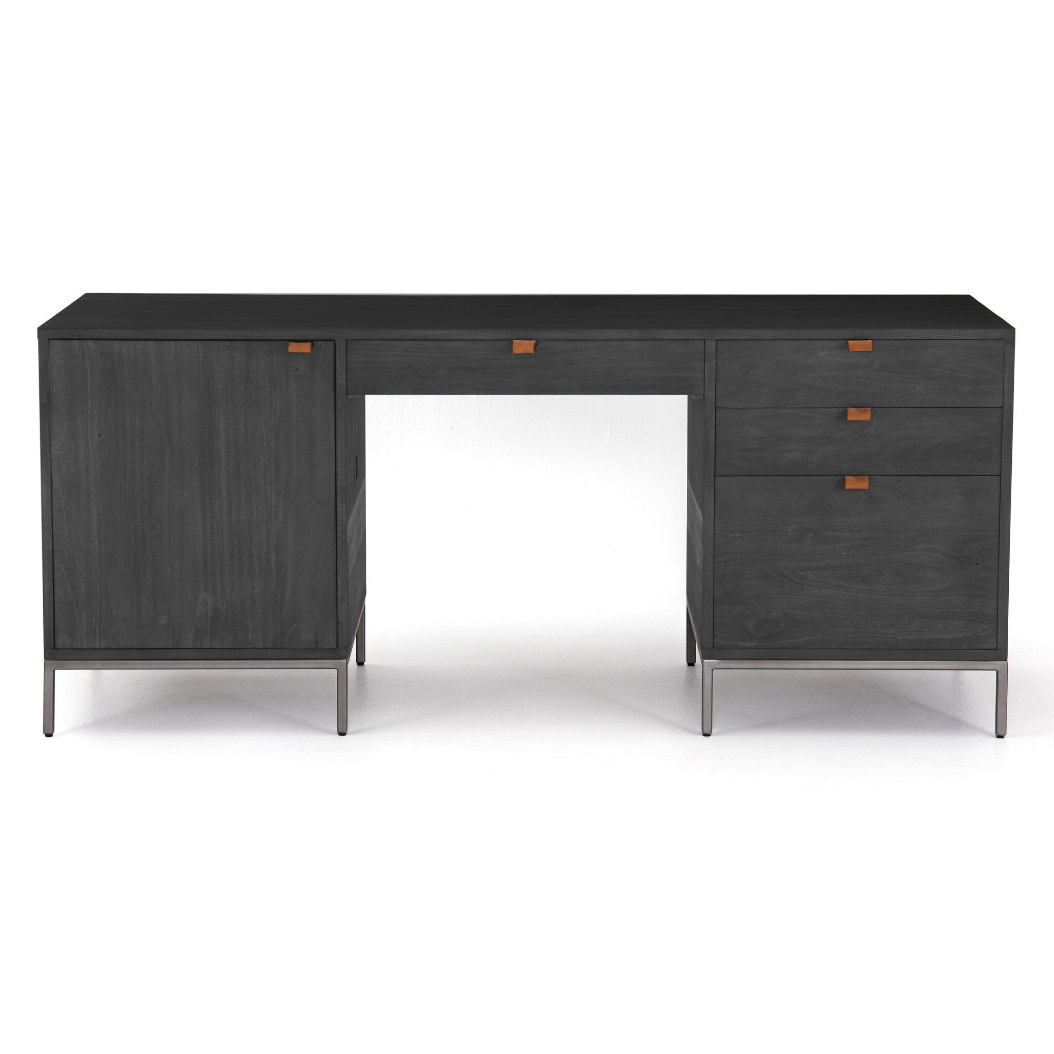 Four Hands Trey Executive Desk — Black Wash Poplar-Natural Iron-Toffee Leather
