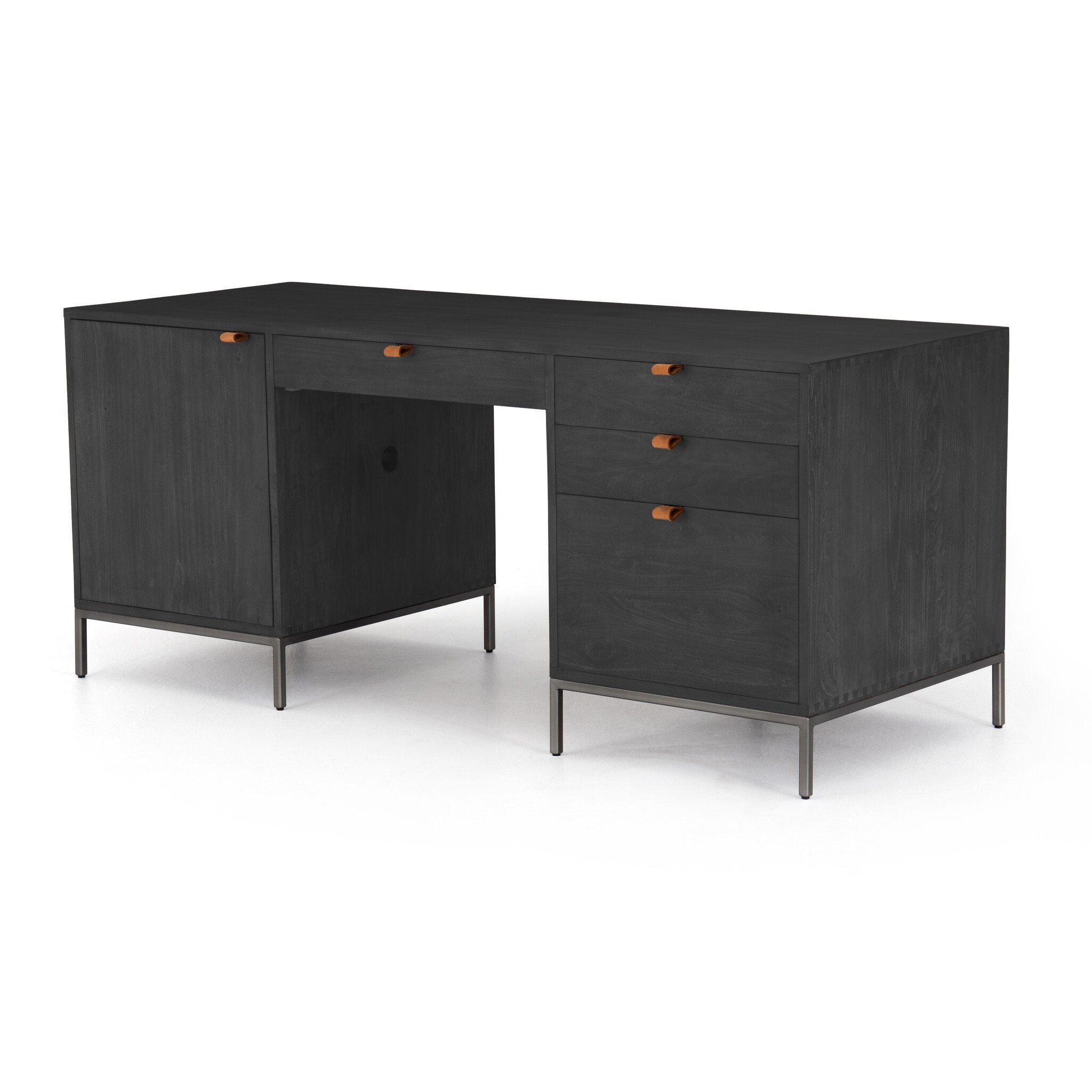 Four Hands Trey Executive Desk — Black Wash Poplar-Natural Iron-Toffee Leather