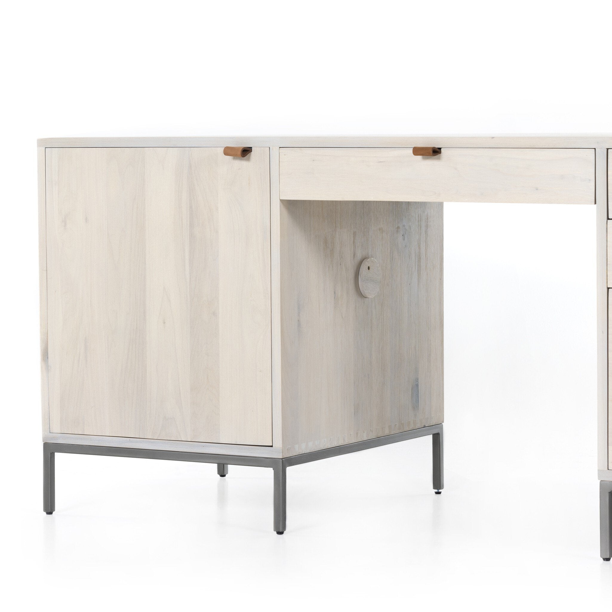 Four Hands Trey Executive Desk — Dove Poplar-Natural Iron-Toffee Leather