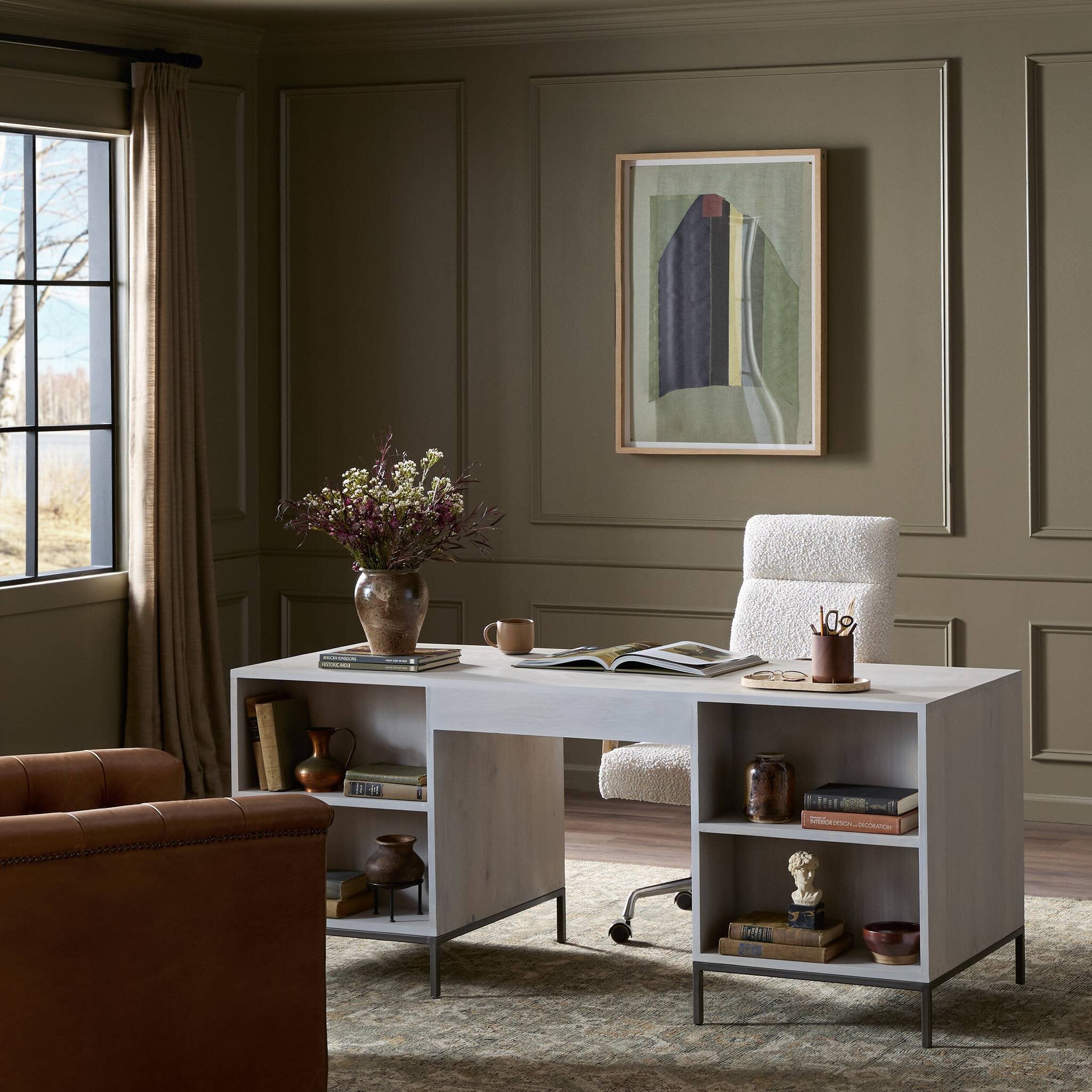 Four Hands Trey Executive Desk — Dove Poplar-Natural Iron-Toffee Leather