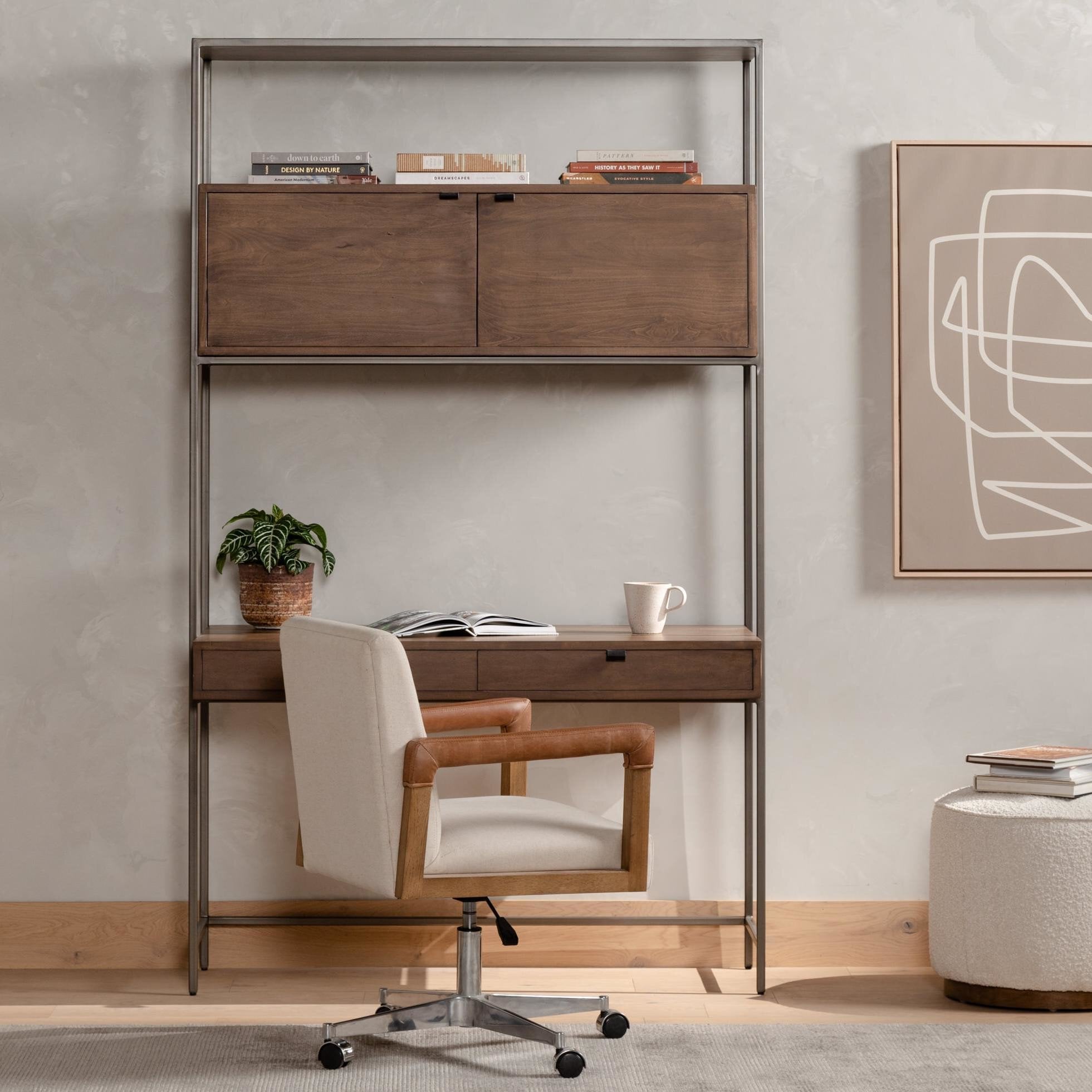 Four Hands Trey Modular Wall Desk — Auburn Poplar-Natural Iron-Black Leather