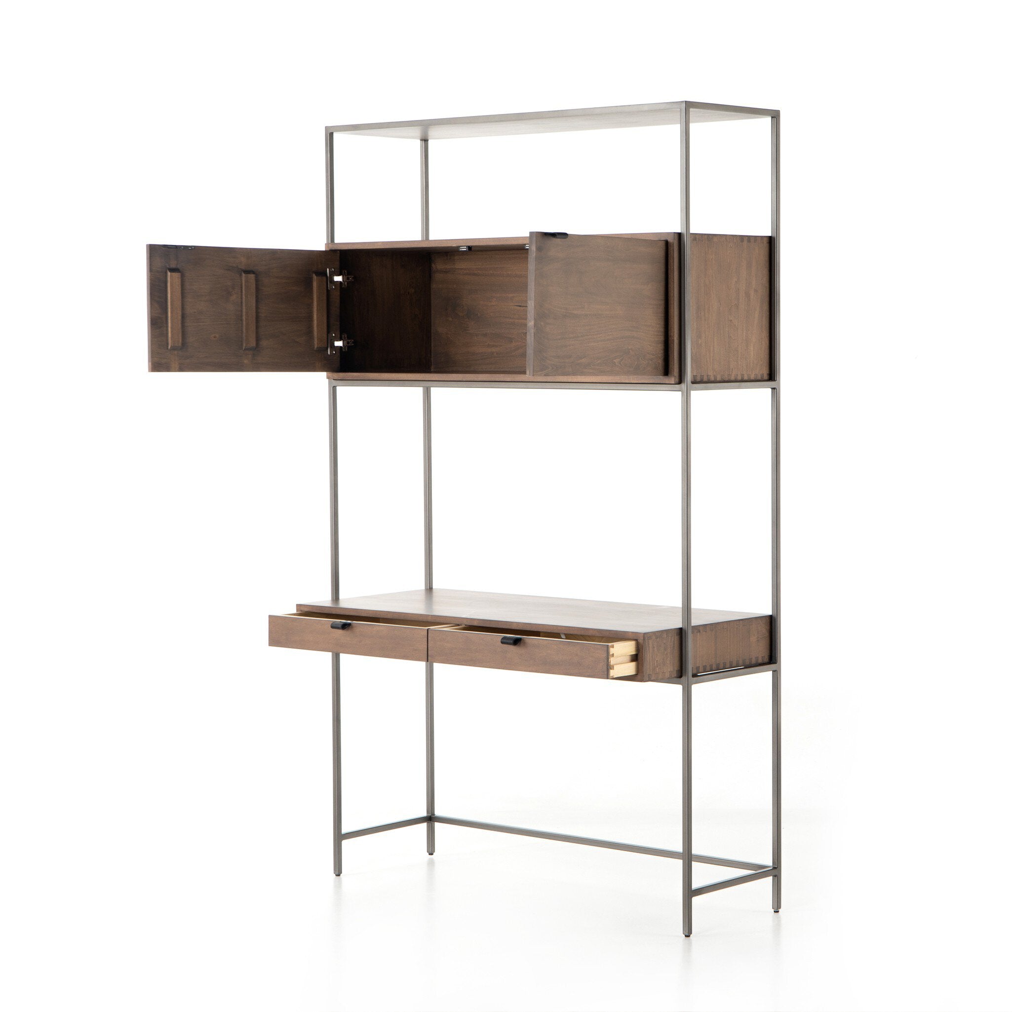Four Hands Trey Modular Wall Desk — Auburn Poplar-Natural Iron-Black Leather