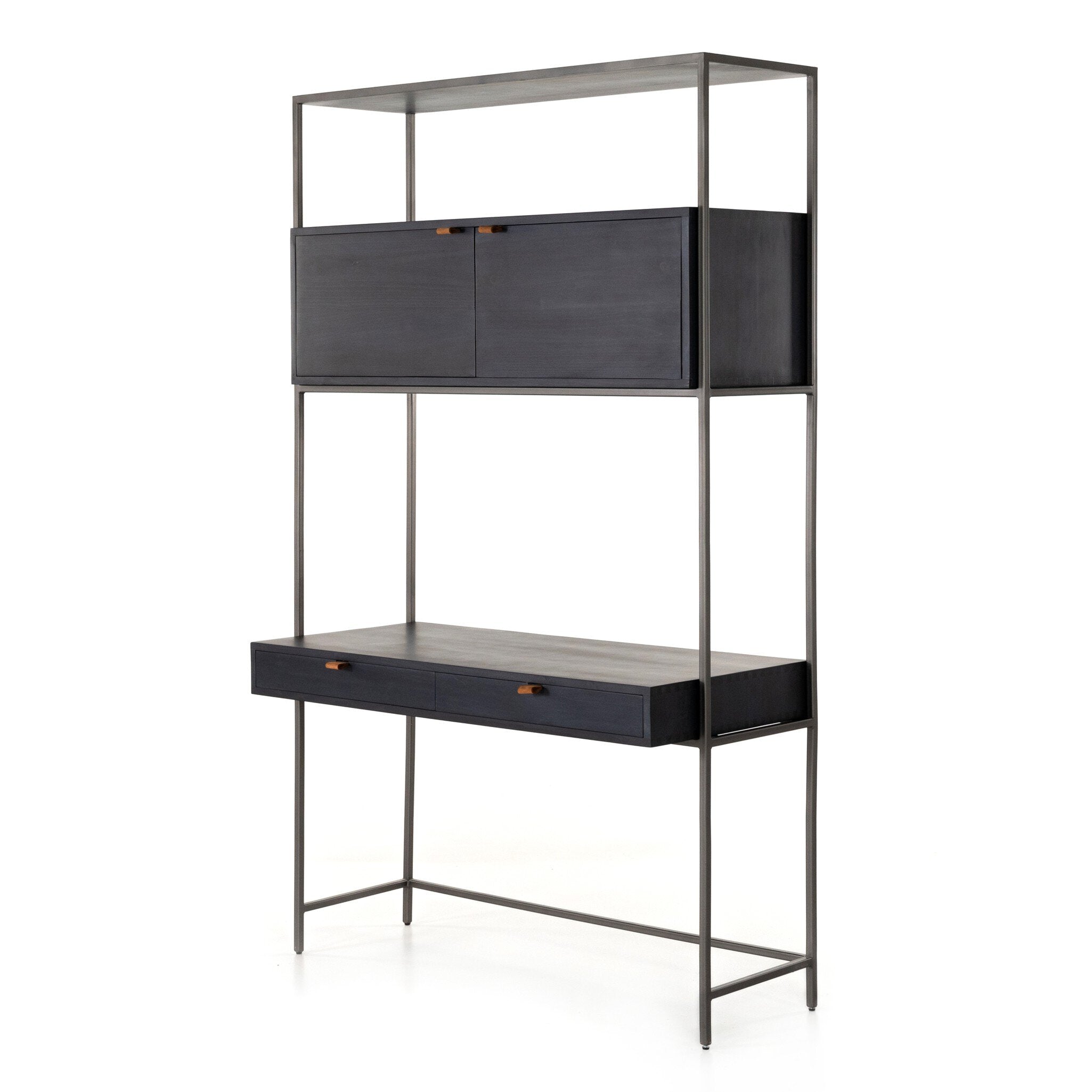 Four Hands Trey Modular Wall Desk — Black Wash Poplar-Natural Iron-Toffee Leather