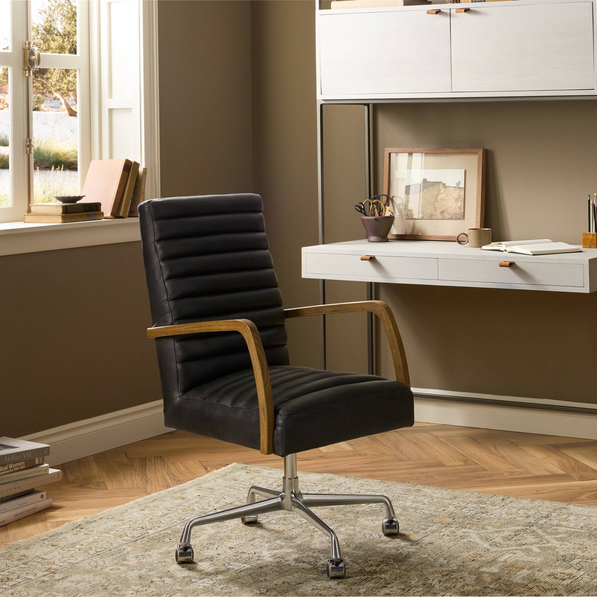 Four Hands Trey Modular Wall Desk — Dove Poplar-Natural Iron-Toffee Leather