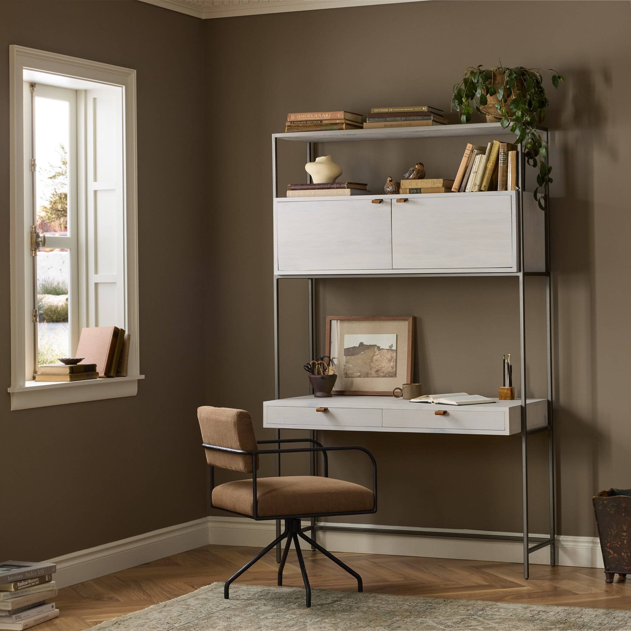 Four Hands Trey Modular Wall Desk — Dove Poplar-Natural Iron-Toffee Leather