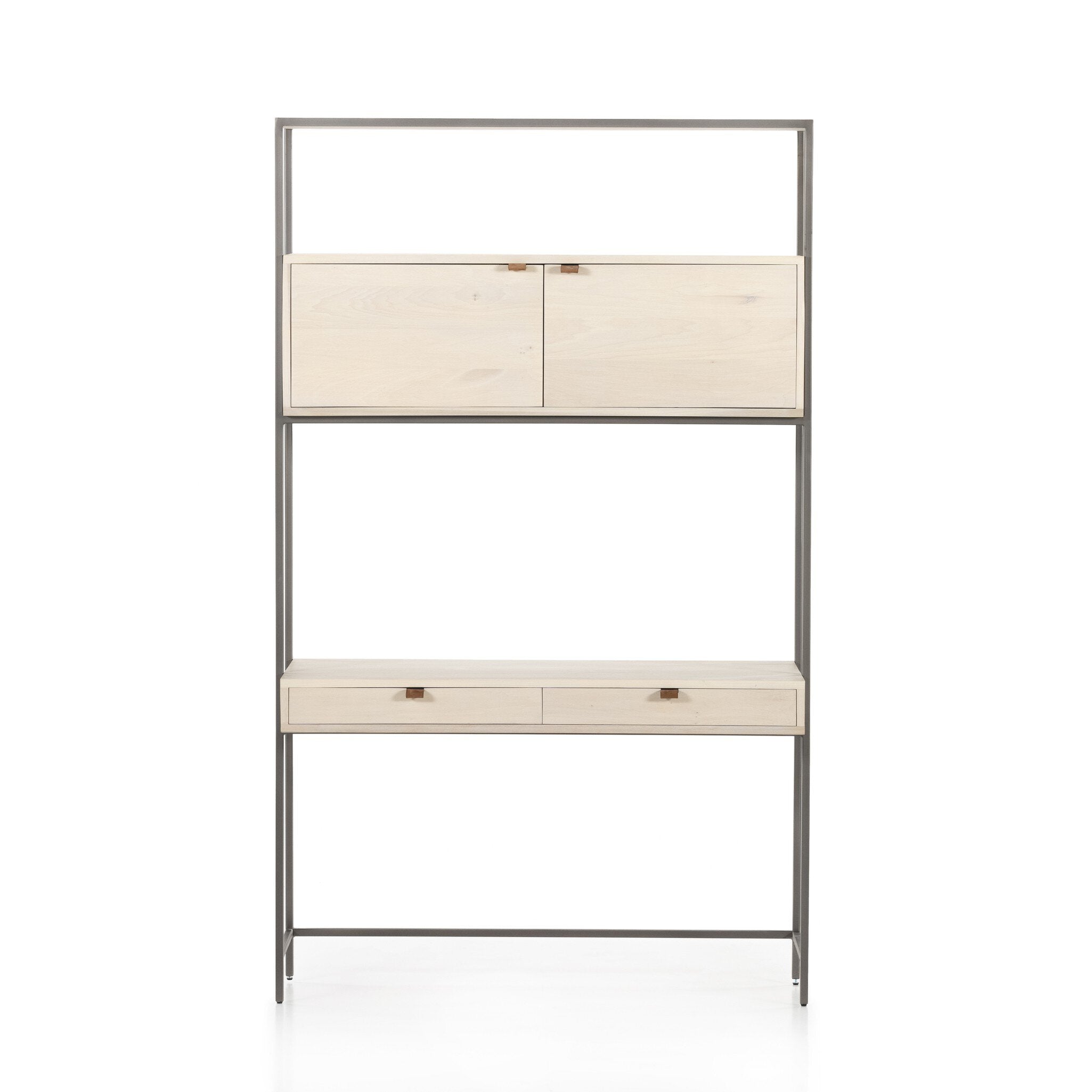 Four Hands Trey Modular Wall Desk — Dove Poplar-Natural Iron-Toffee Leather