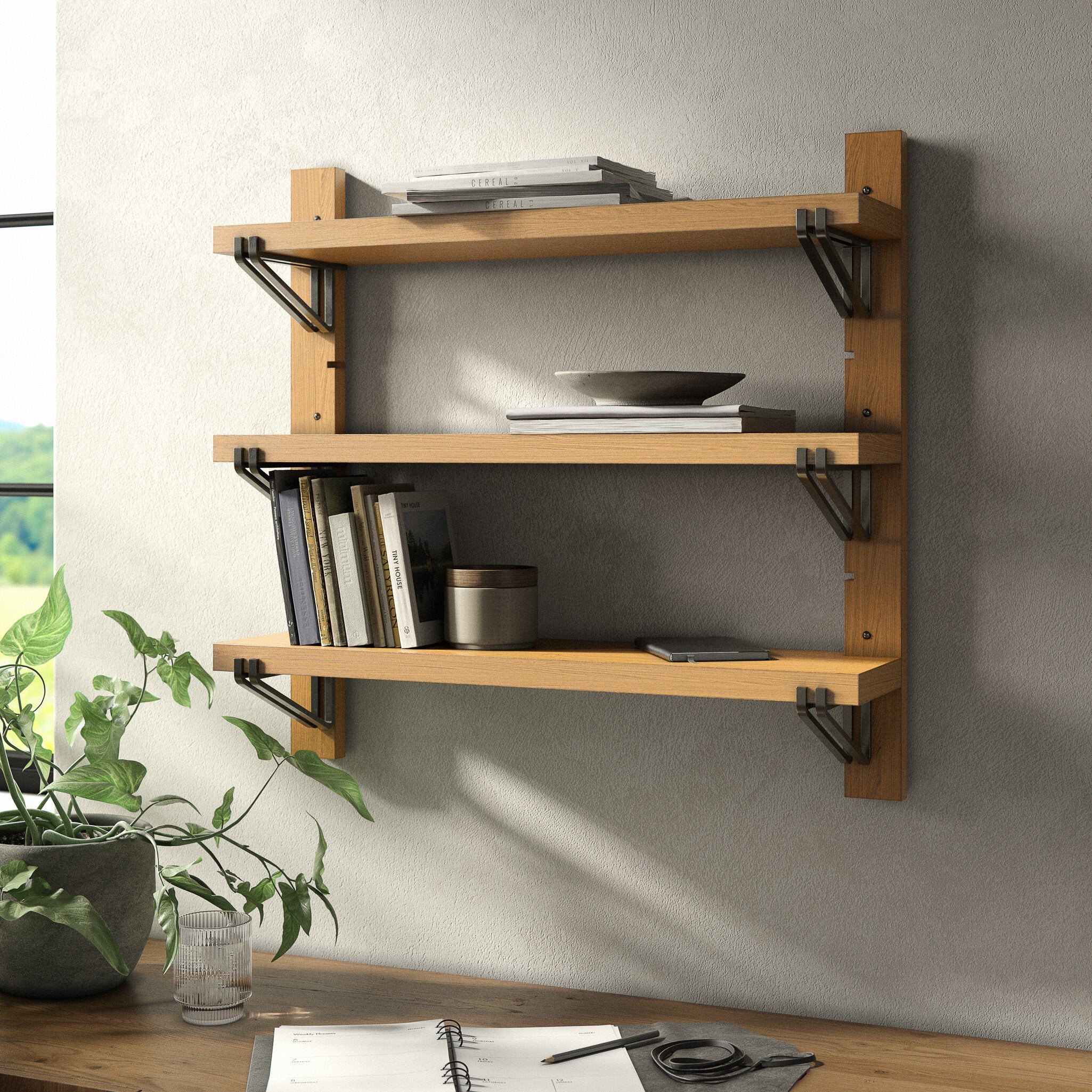 Four Hands Pivott Shelf — Natural Oak Veneer-Dark Iron-Natural Oak