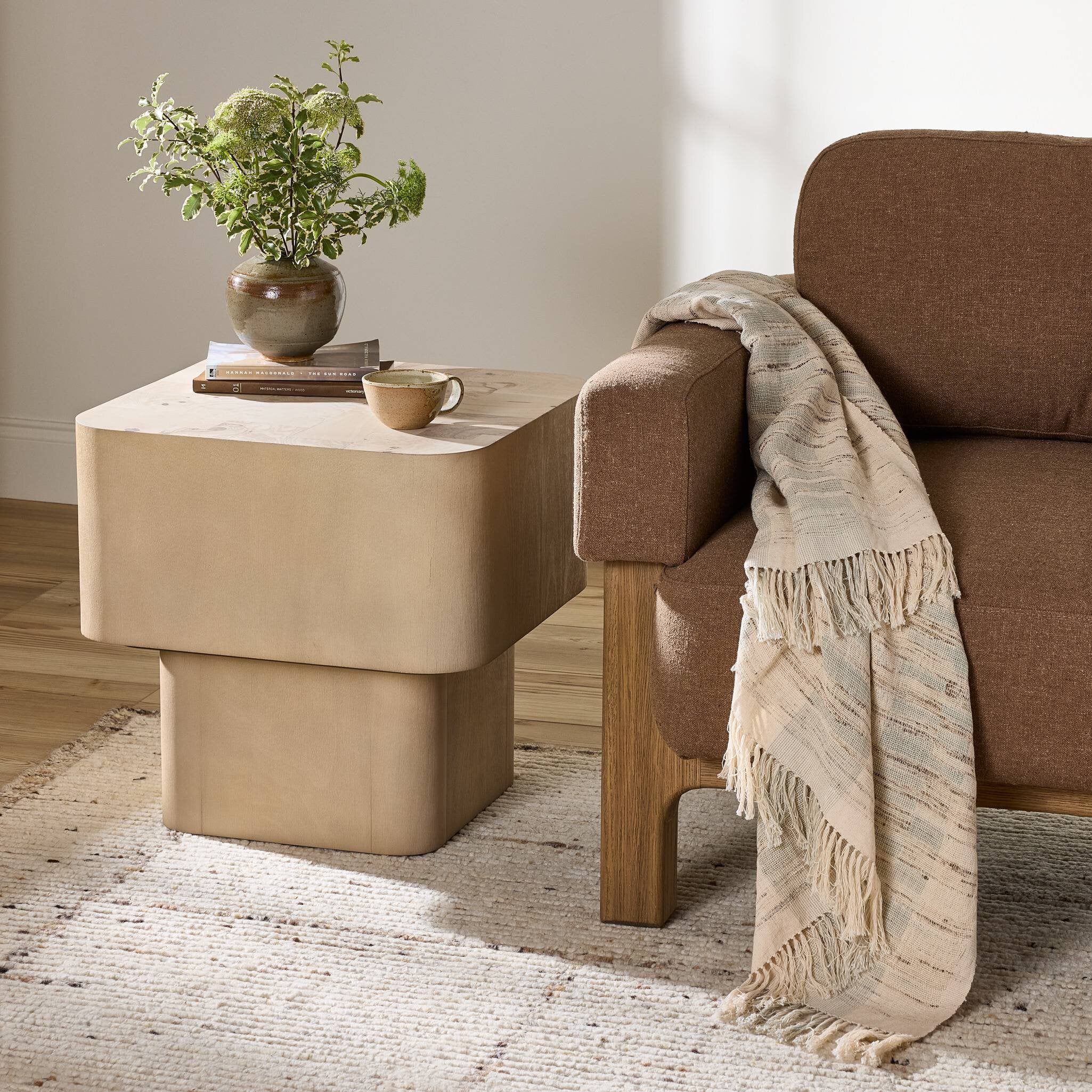 Four Hands Blanco End Table — Bleached Burl-White Mahogany
