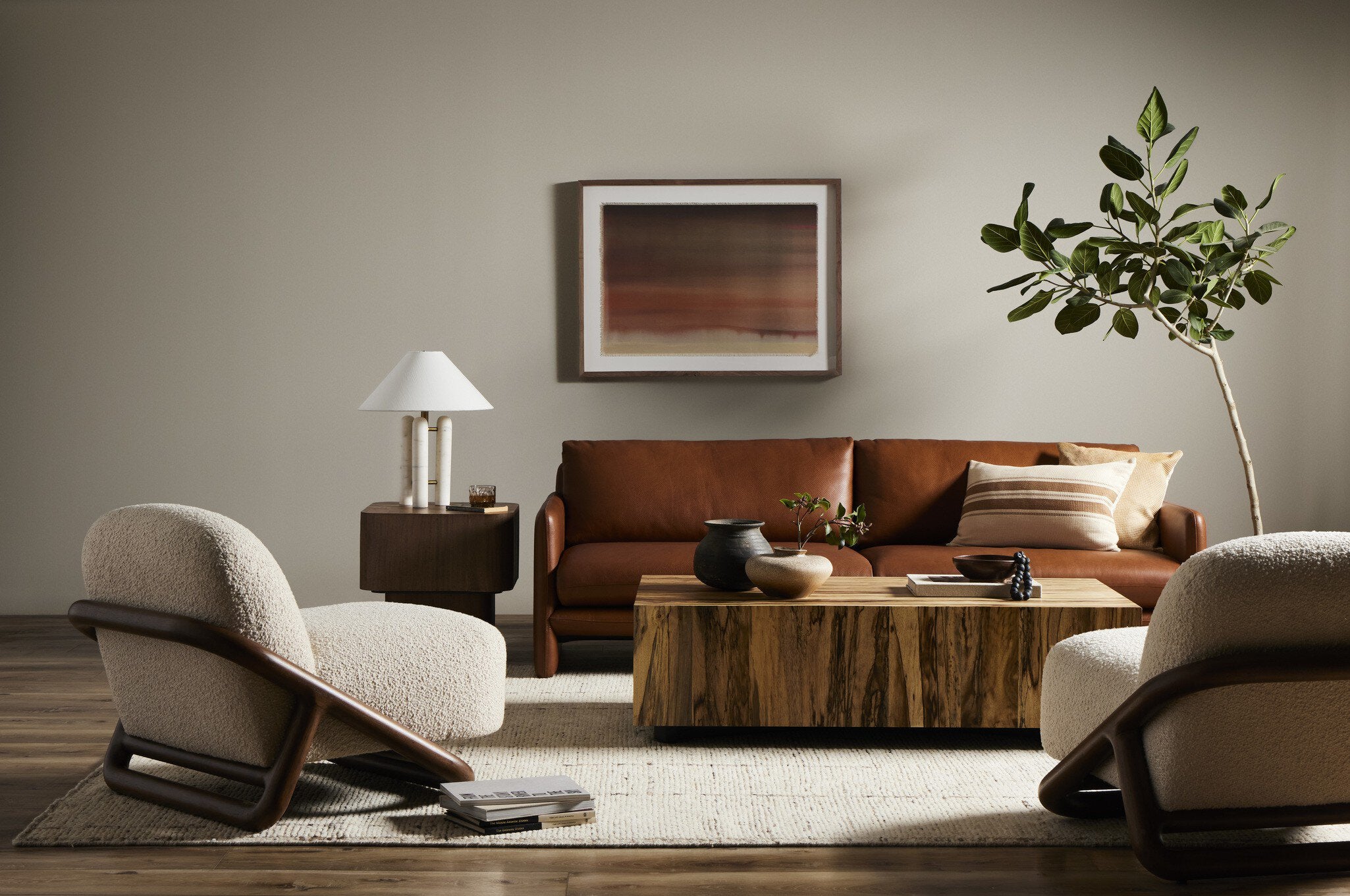 Four Hands Blanco End Table — Warm Umber Burl-Dark Mahogany
