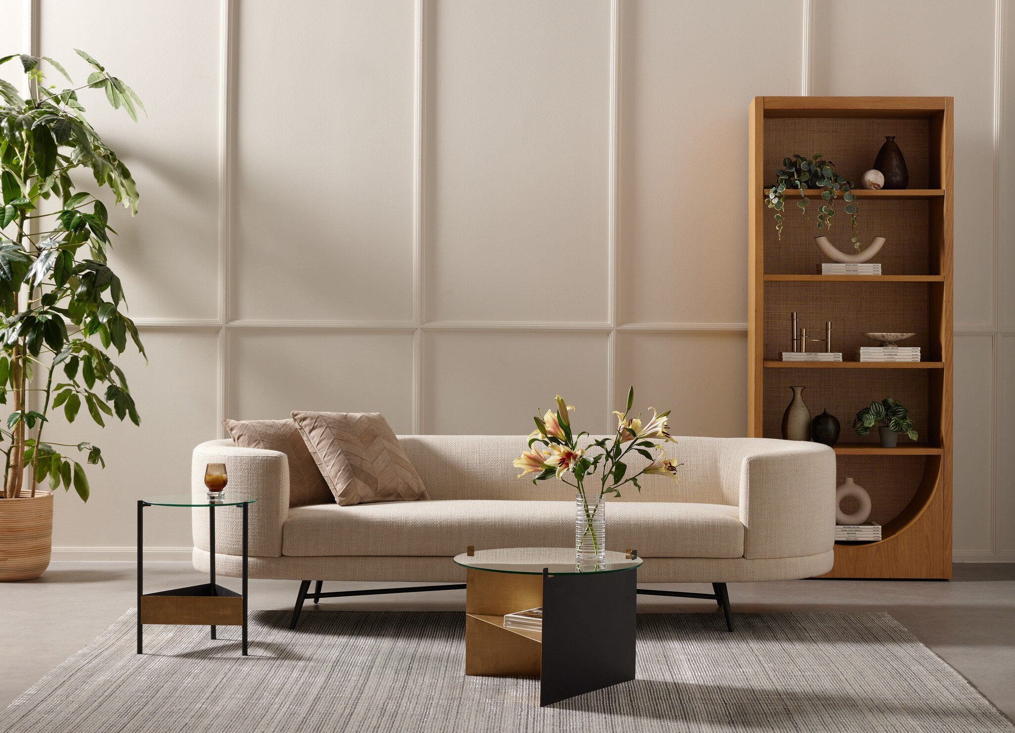 Four Hands Higgs Bookcase — Honey Oak Veneer-Honey Oak-Light Natural Cane