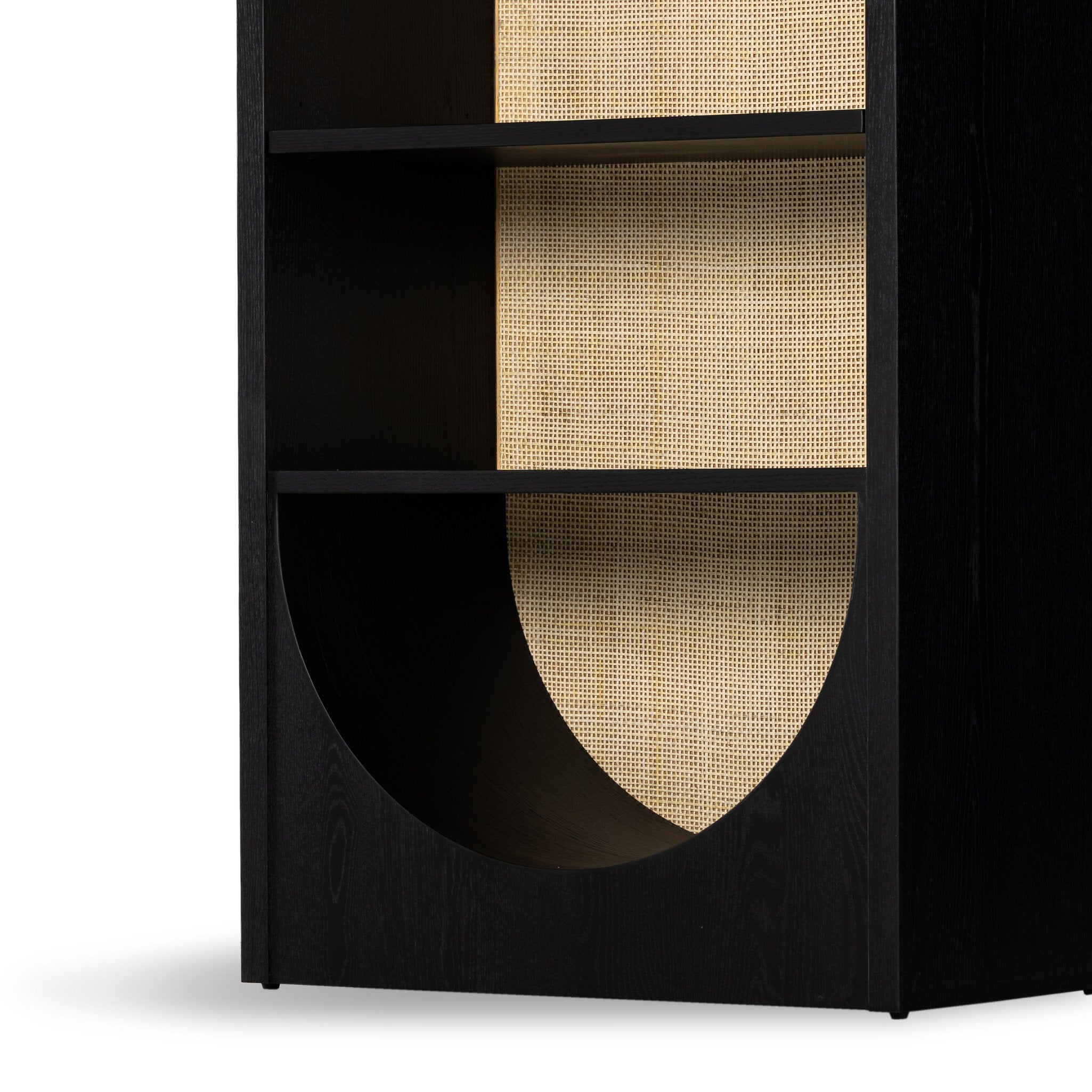 Four Hands Higgs Bookcase — Brushed Ebony Oak Veneer-Brushed Ebony Oak-Light Natural Cane