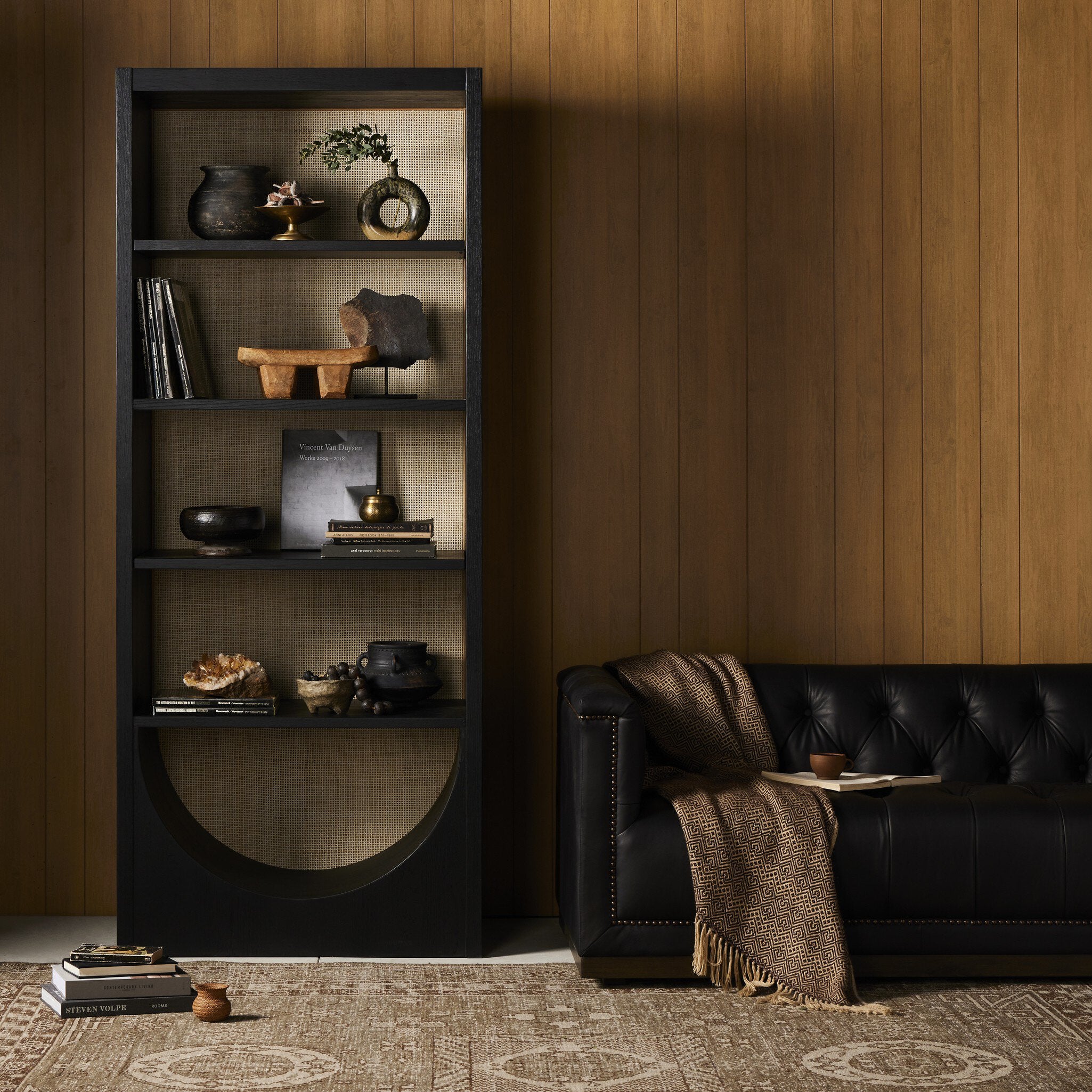 Four Hands Higgs Bookcase — Brushed Ebony Oak Veneer-Brushed Ebony Oak-Light Natural Cane