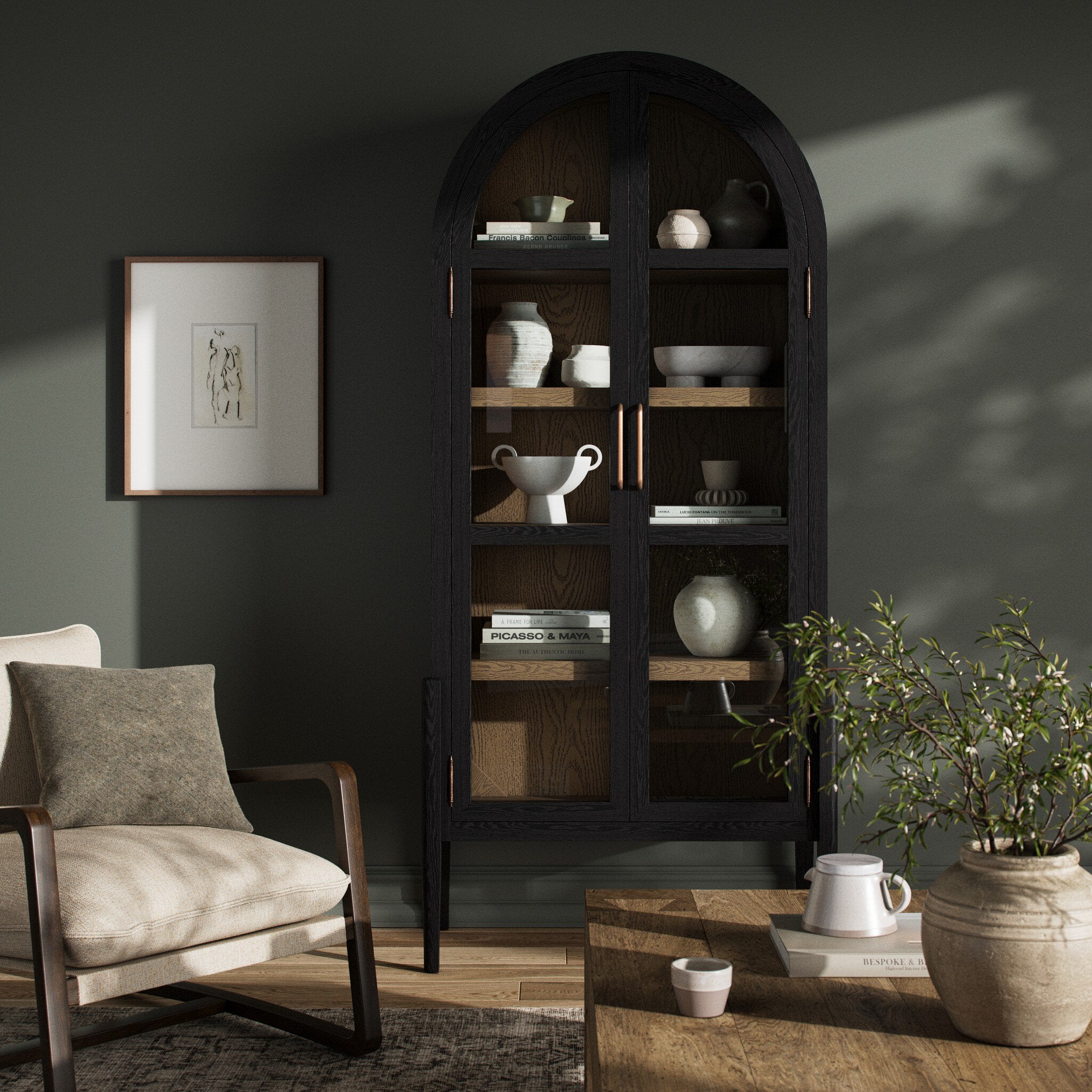 Four Hands Tolle Cabinet — Drifted Matte Black-Drifted Oak Solid-Worn Brass