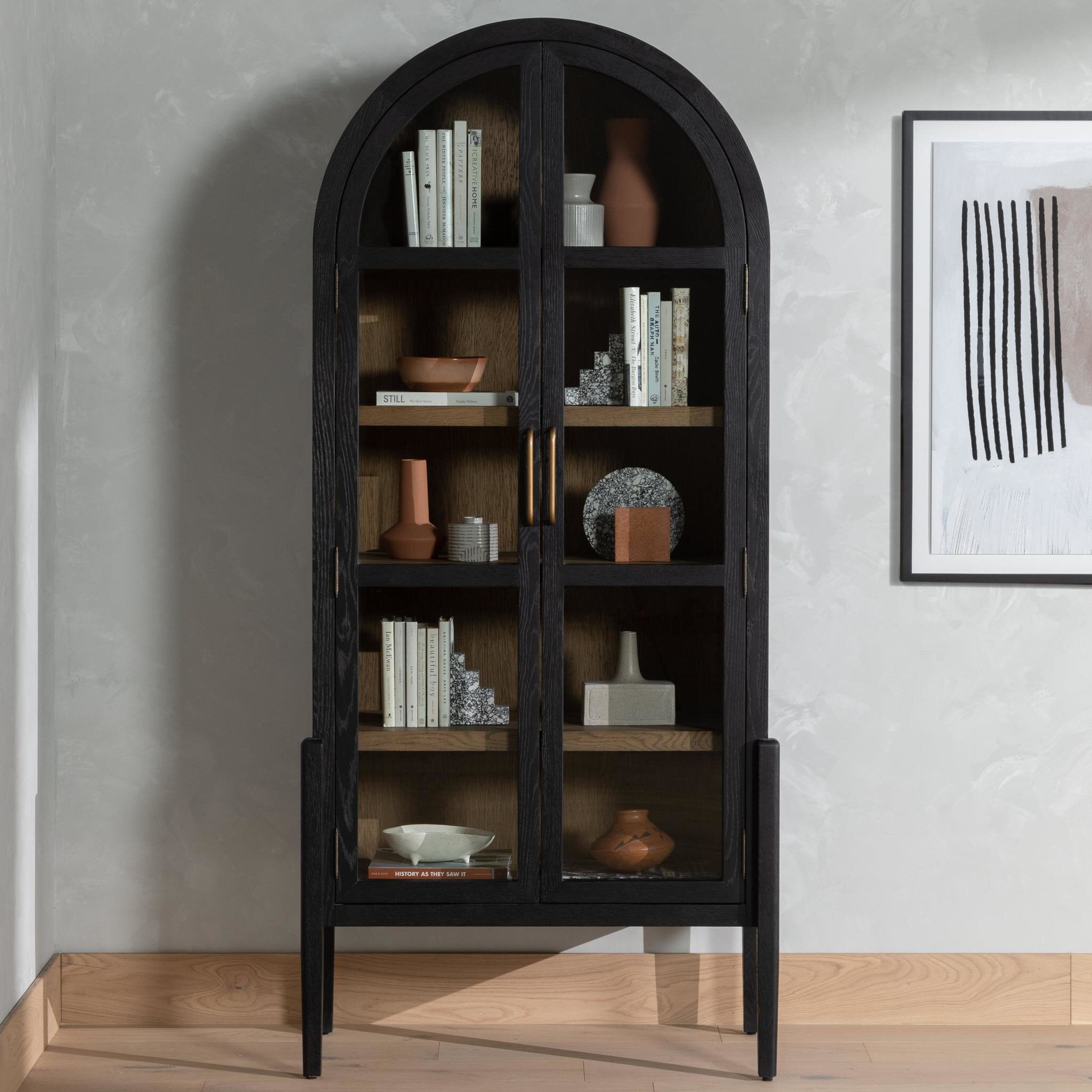 Four Hands Tolle Cabinet — Drifted Matte Black-Drifted Oak Solid-Worn Brass