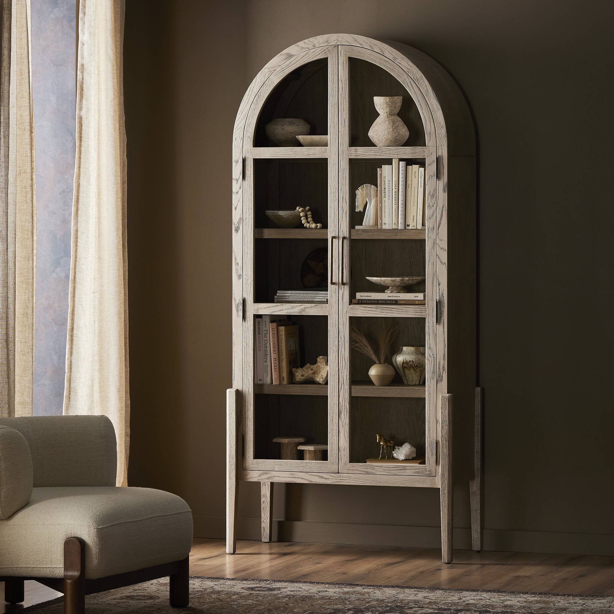 Four Hands Tolle Cabinet — Rustic White Solid-Warm Natural Oak Veneer-Antique Brass