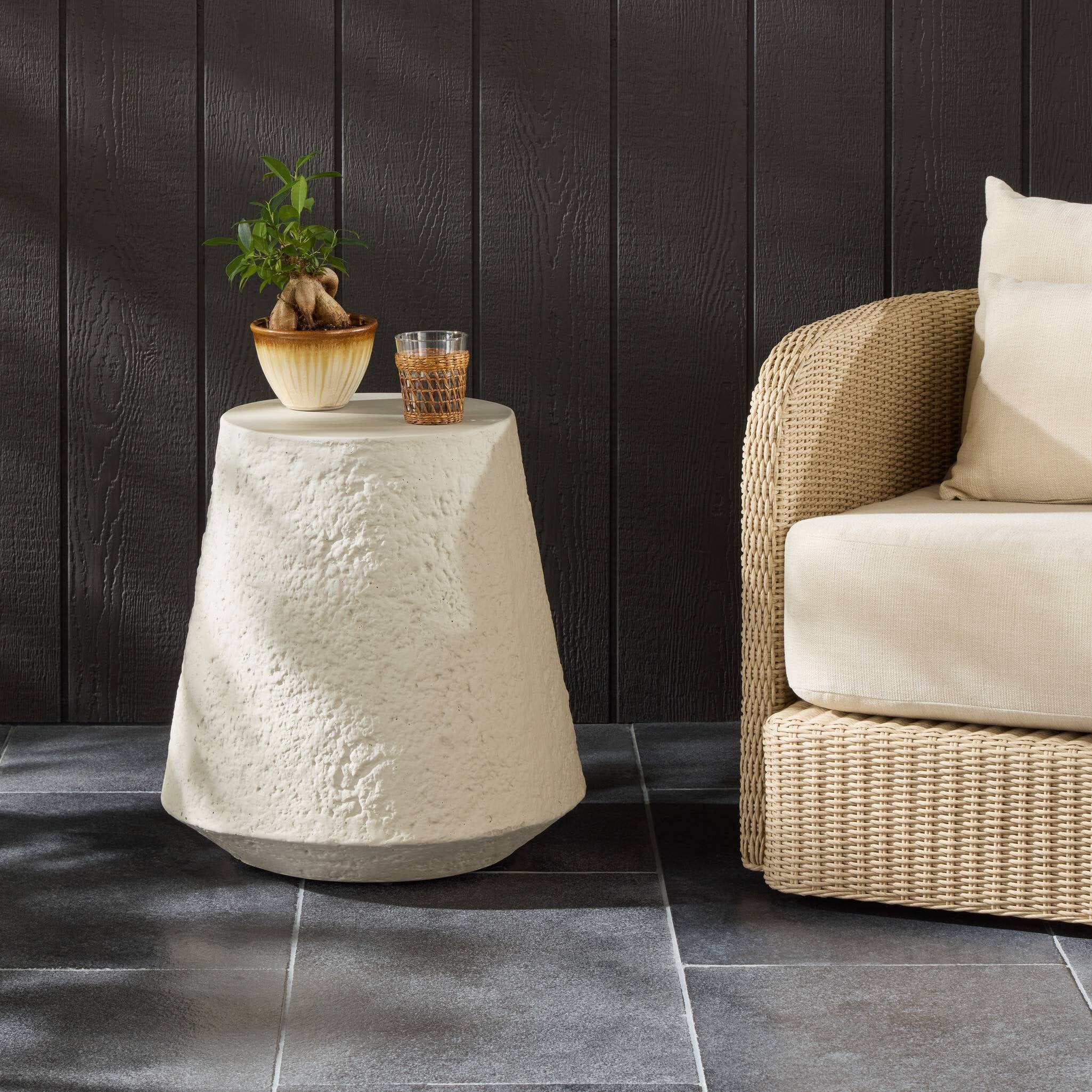 Four Hands Otero Outdoor Tapered End Table — Blanc Stone-Matte Stone