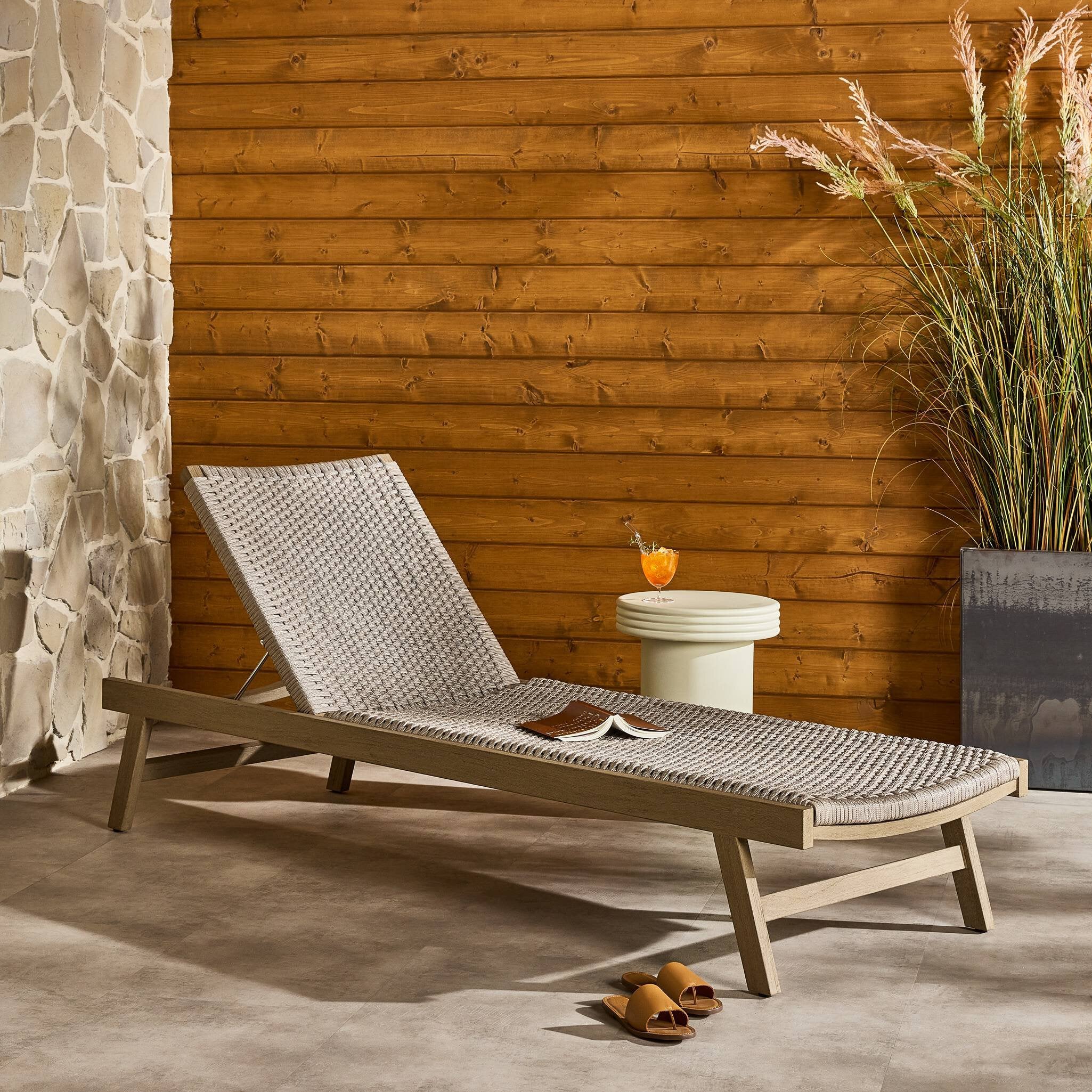 Four Hands Delano Outdoor Chaise — Washed Brown-FSC-Thick Grey Rope