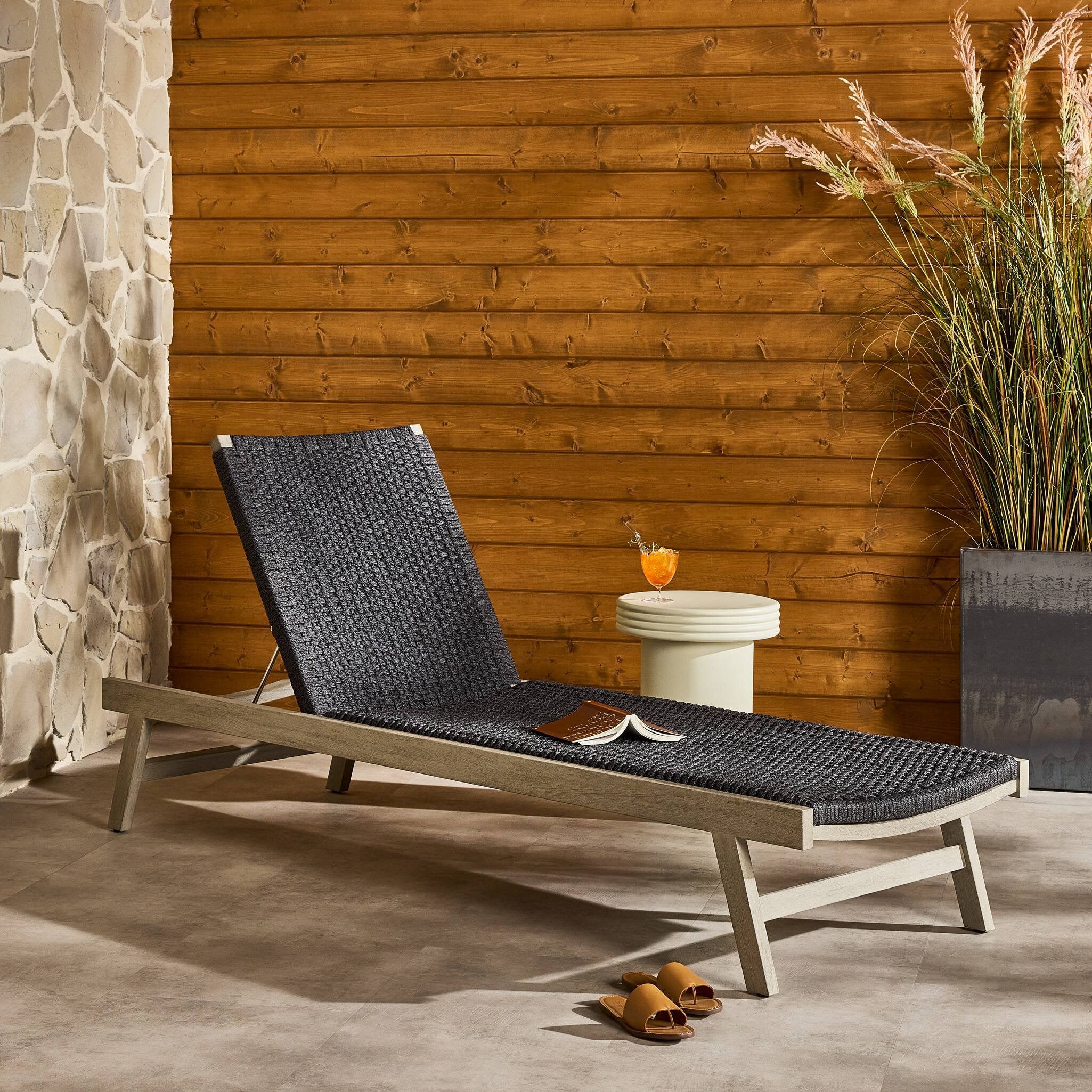 Four Hands Delano Outdoor Chaise — Weathered Grey-FSC-Thick Dark Grey Rope