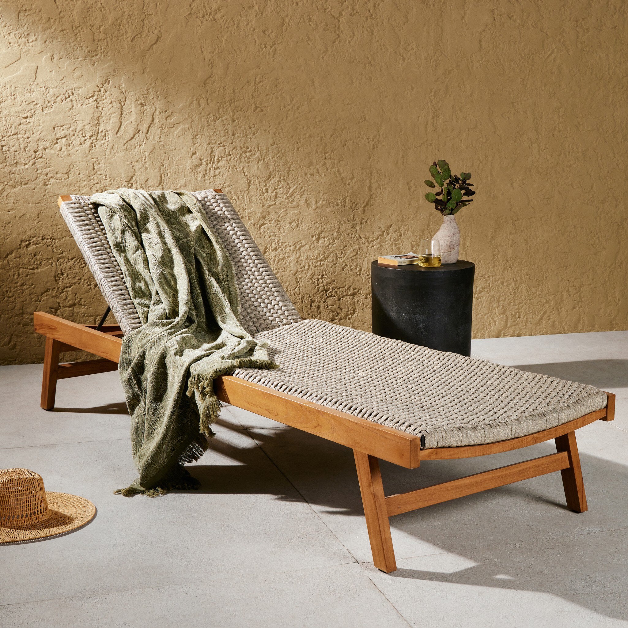 Four Hands Delano Outdoor Chaise — Natural Teak-FSC-Ivory Rope